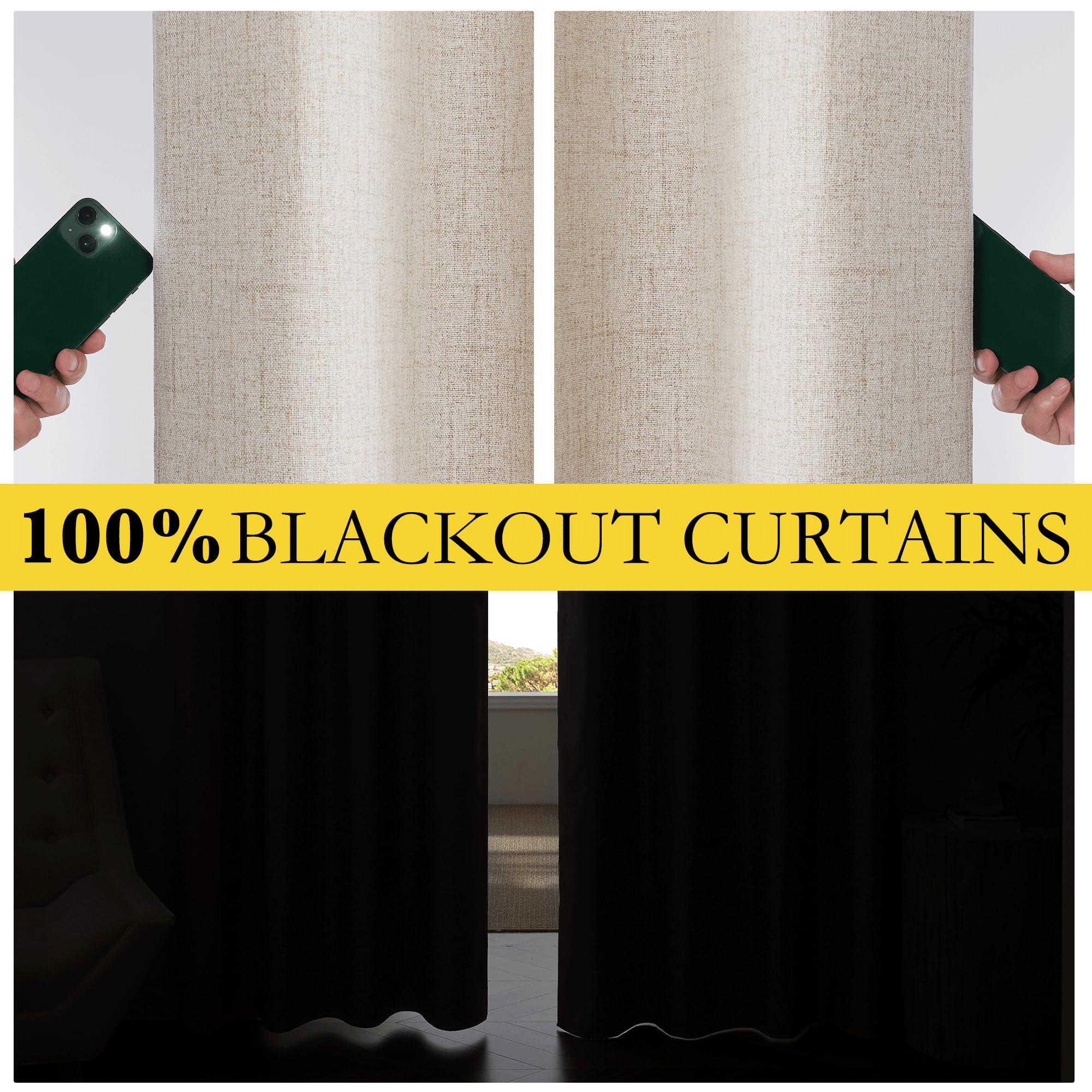 Nicetown Oatmeal Full Blackout Boho-Chic Linen Curtains 84 Inch Long 2 Panels Set For Cafe Window, 42 Inch Wide, Thick Linen Blend Drapes, Insulated Window Covers Draperies With White Backing