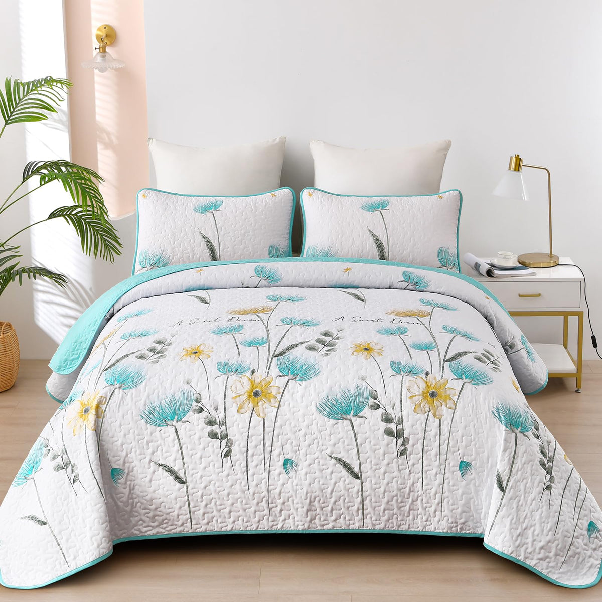 Dinjoy King Size Quilt Set Floral,3 Pieces Green & Yellow Quilts Coverlet Set Boho Cute Bedspreads Bed Cover Lightweight White B