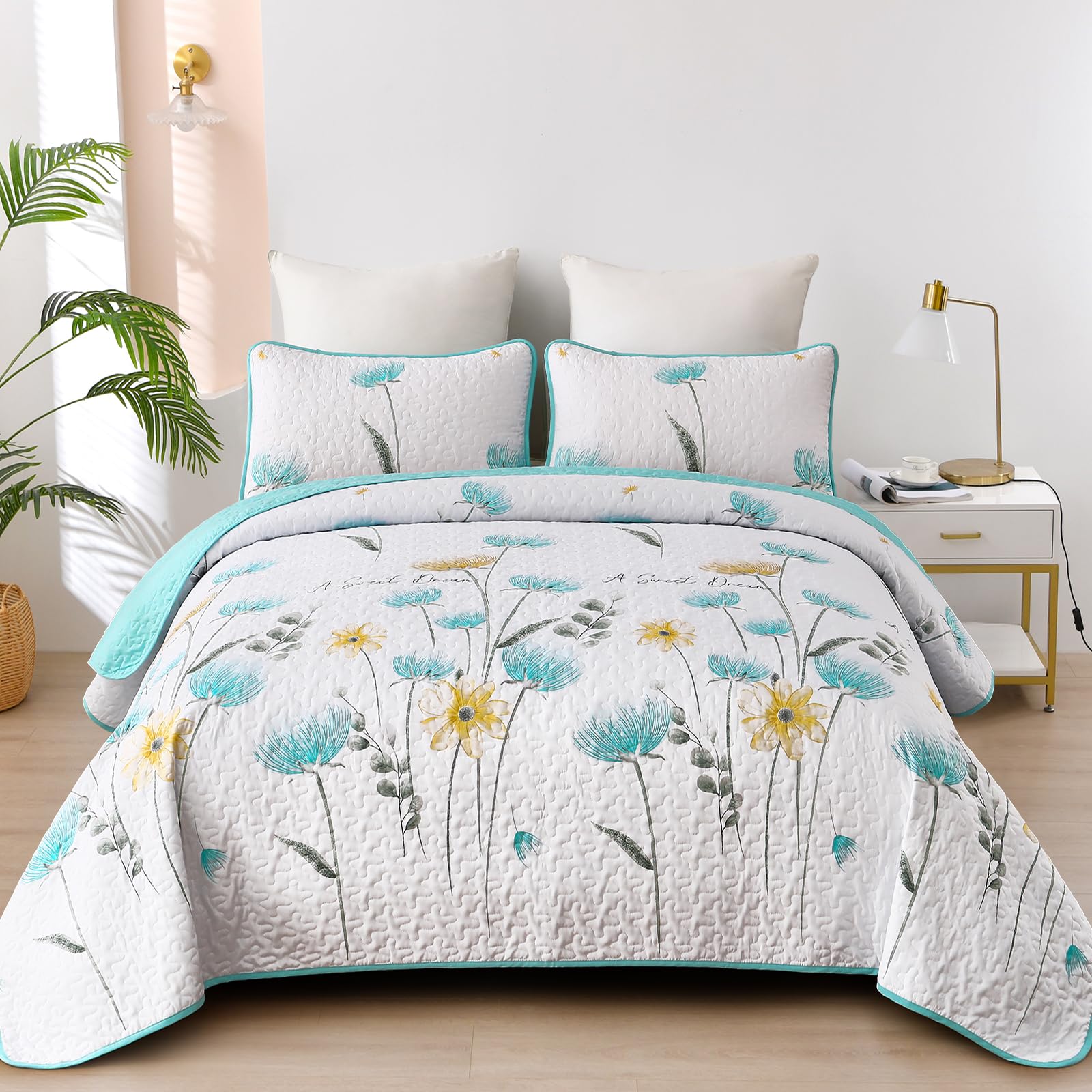 Dinjoy Floral Quilt Set Queen,Green Yellow Bedspread Queen Size 3 Pieces Sage Green Bedding Set Fall Quilts Soft Flower Bedsprea