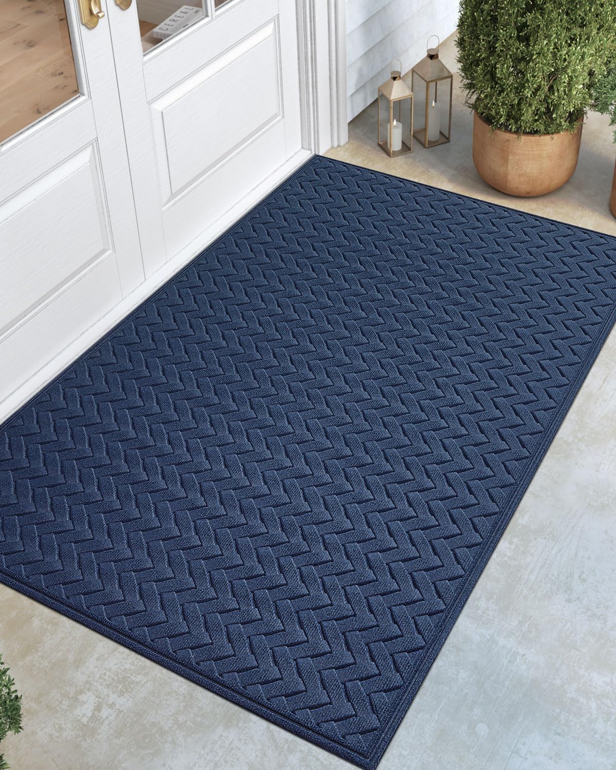 Dexi Front Door Mat Outdoor Entrance Doormat Heavy Duty Floor Rug, Waterproof Low-Profile, 35'X59', Wave Navy