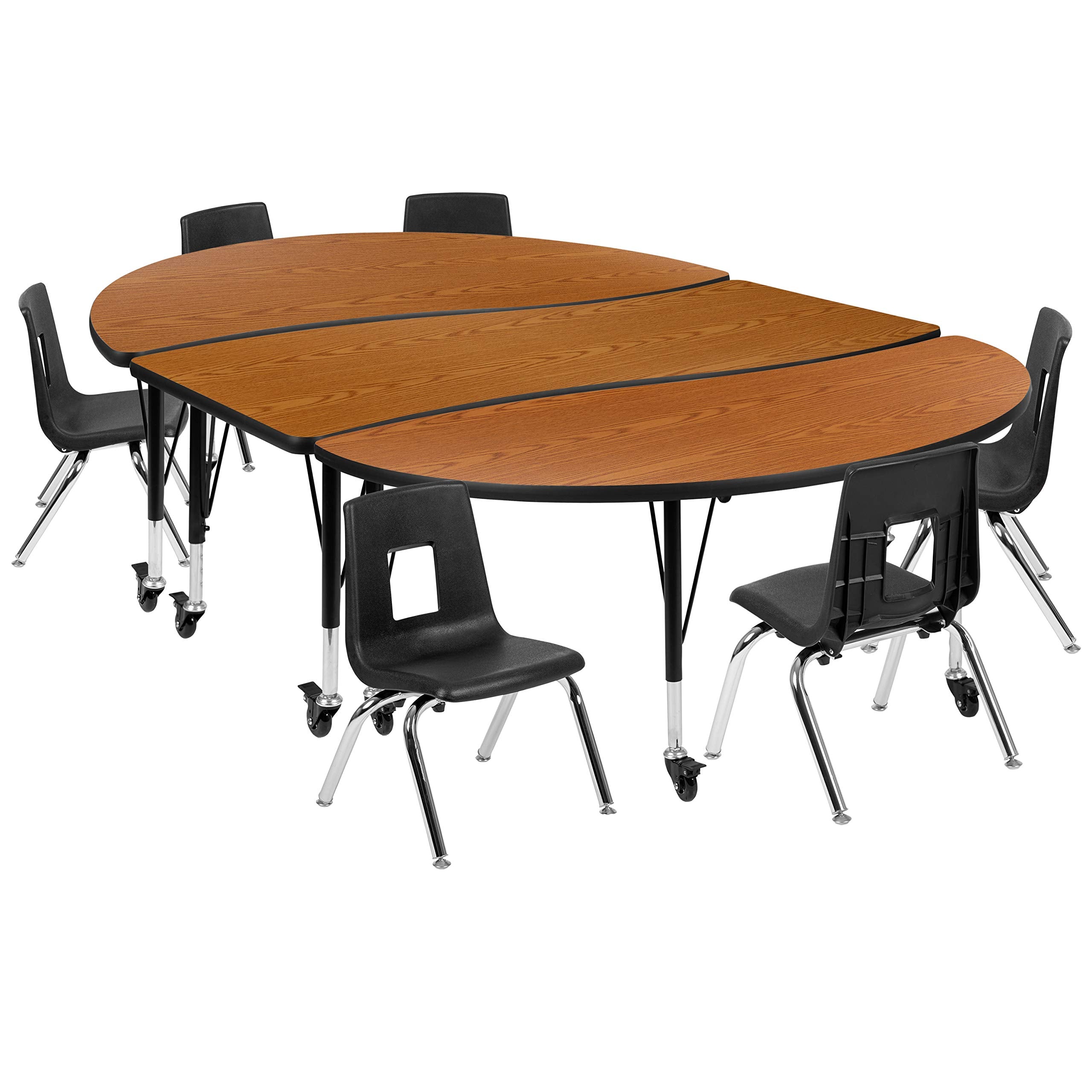 Flash Furniture Emmy Mobile 86" Oval Wave Flexible Laminate Activity Table Set with 12" Student Stack Chairs, Oak/Black