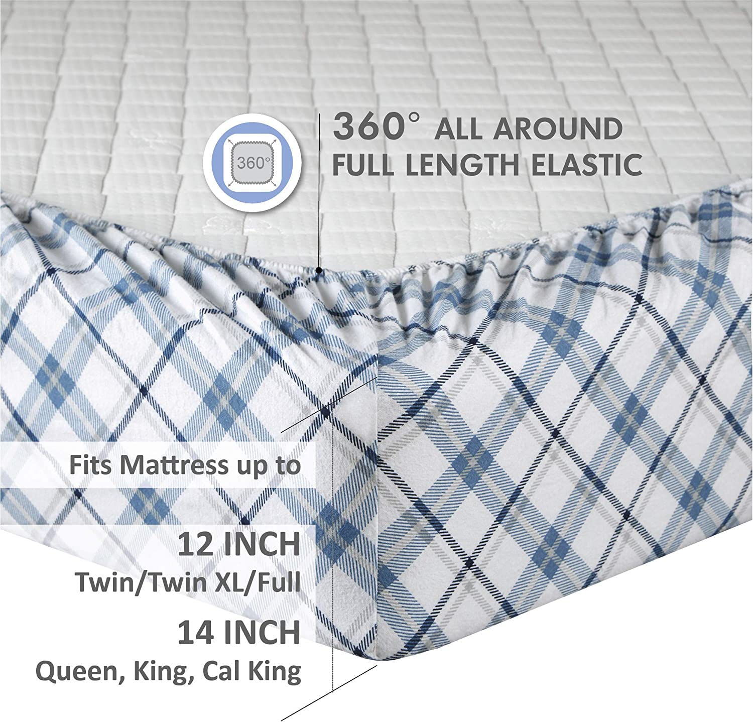 Comfort Spaces Cotton Flannel Breathable Warm Deep Pocket Sheets With Pillow Case Bedding, Cal King, Blue Plaid 4 Piece