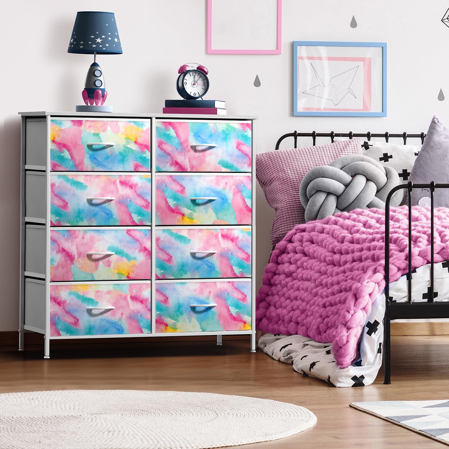 Sorbus Kids Dresser With 8 Drawers - Storage Chest Organizer Unit Nightstand - Steel Frame, Wood Top, Tie-Dye Fabric Bins For Clothes - Wide Furniture For Bedroom, Hallway, Nursery, Closet, Apartment