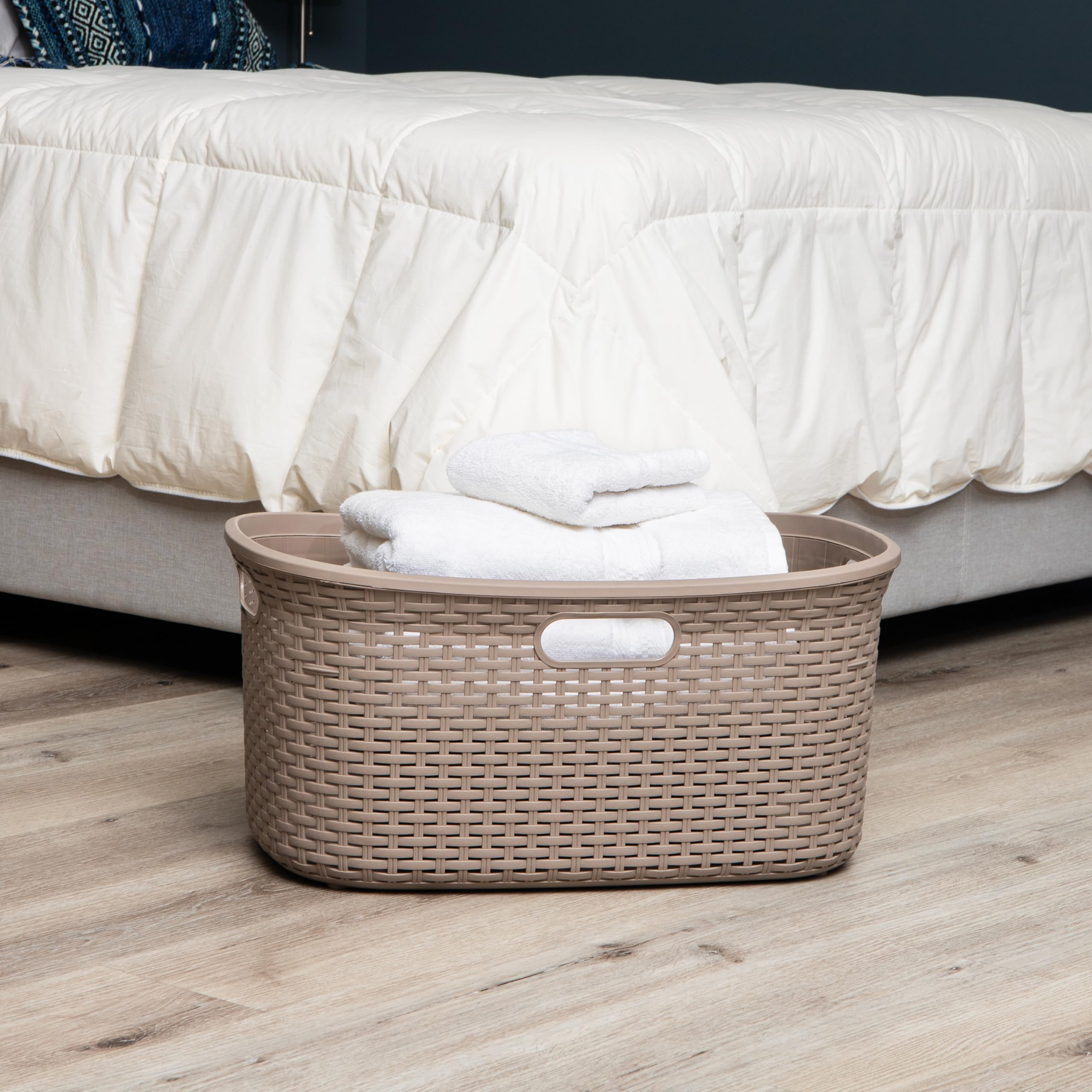 Mind Reader 40L Laundry Basket, Clothes Hamper, Wicker Design, Plastic, 23''L X 14.5''W X 11''H, Set Of 2, Tan