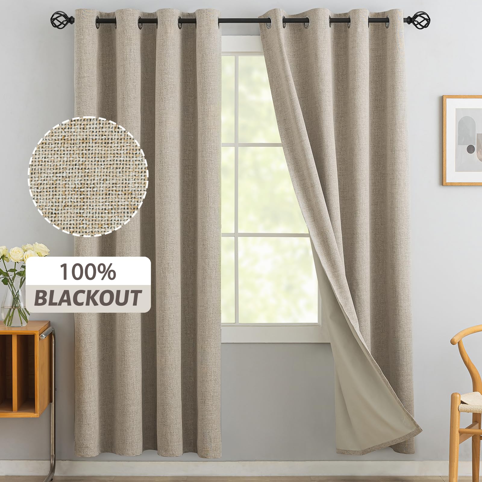 Yakamok Natural Linen Curtains 100% Blackout 72 Inches Long,Room Darkening Textured Curtains For Living Room Thermal Grommet Bed