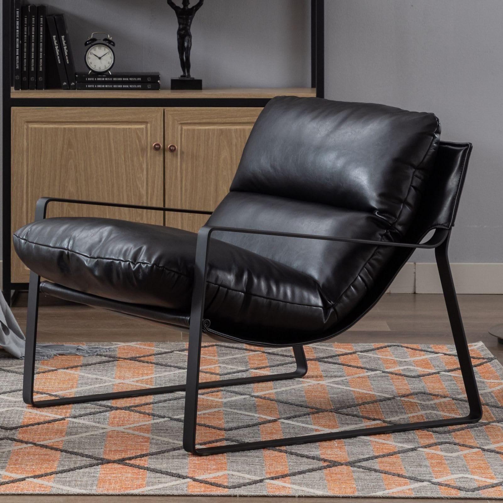 Lukealon Modern Pu Leather Accent Armchair, Upholstered Living Room Chair With Metal Base Removable Thickened Cushion Single Sof