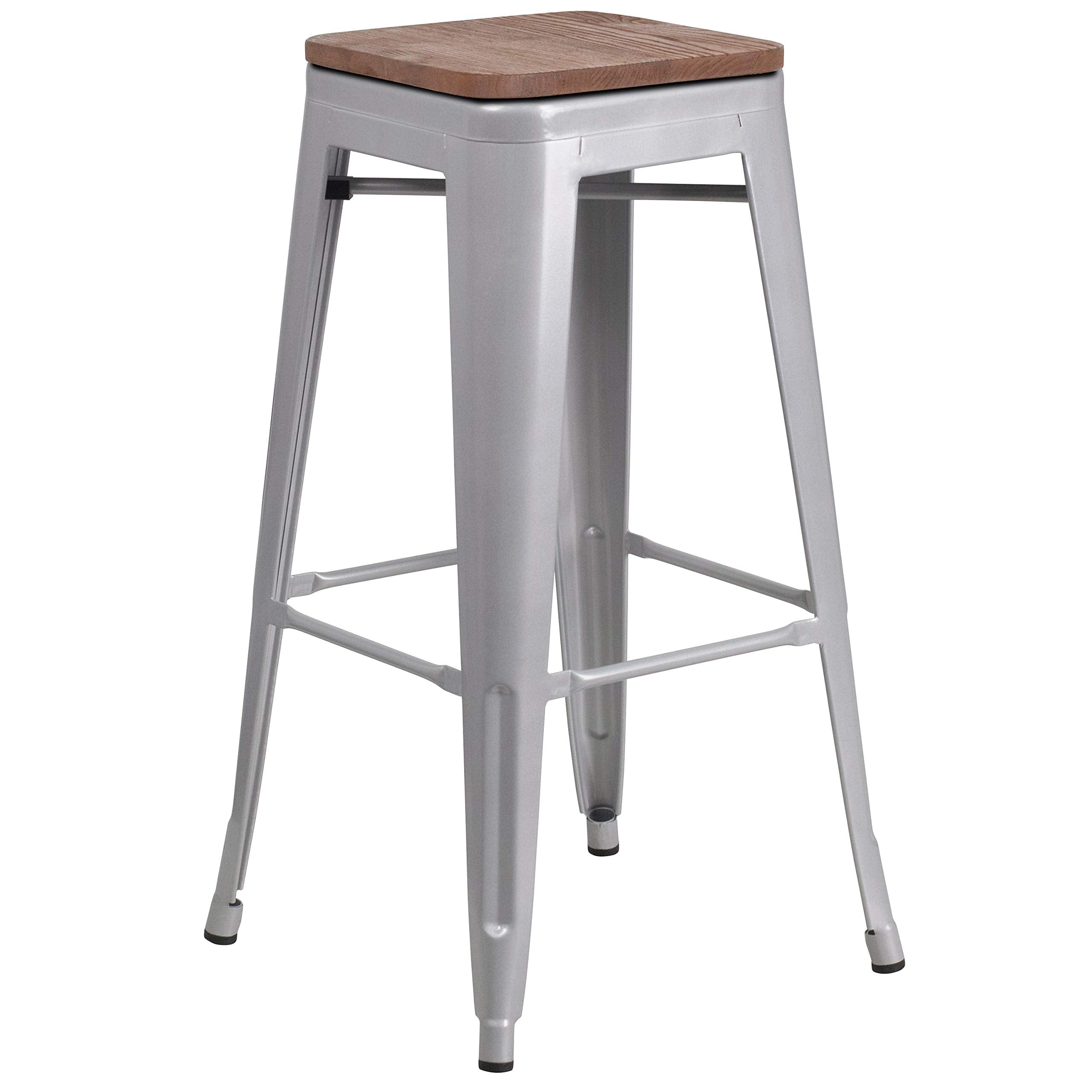 Flash Furniture Lily 30" High Backless Silver Metal Barstool with Square Wood Seat