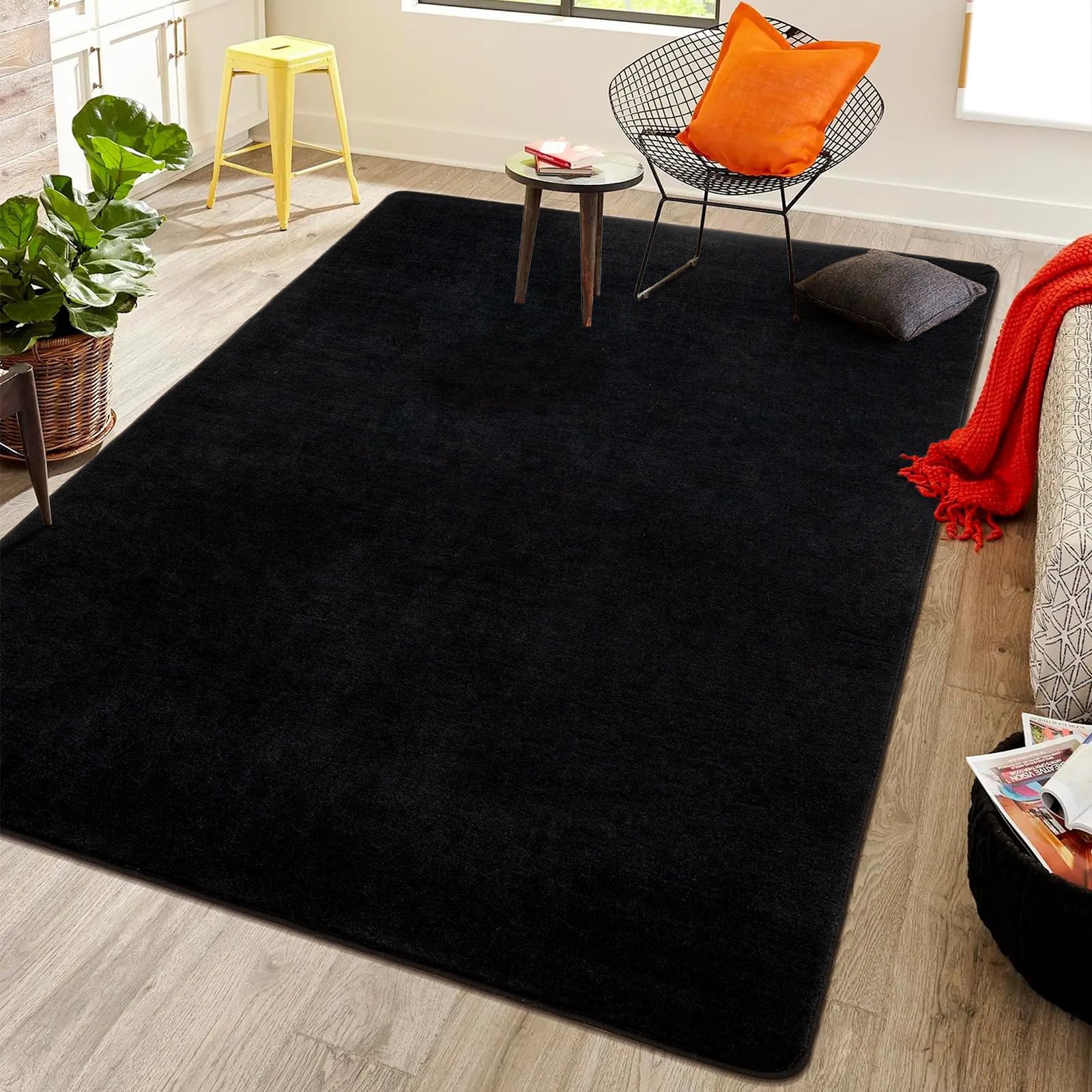 Softlife Washable Living Room Rug, 5X7 Black Area Rugs For Bedroom, Soft Fluffy Fuzzy Carpet Bedside Rug Indoor Non-Slip Rug For