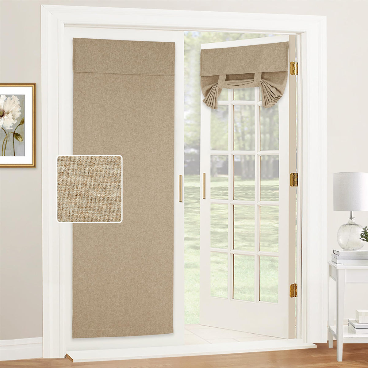 Ryb Home Linen Blended French Door Shades Self Adhesive, Privacy Room Darkening Glass Door Window Curtains For Kitchen Patio Door Sidelight Curtain Tie Up Shades, Wide 30 X Long 69 Inch, 1 Pc, Mocha