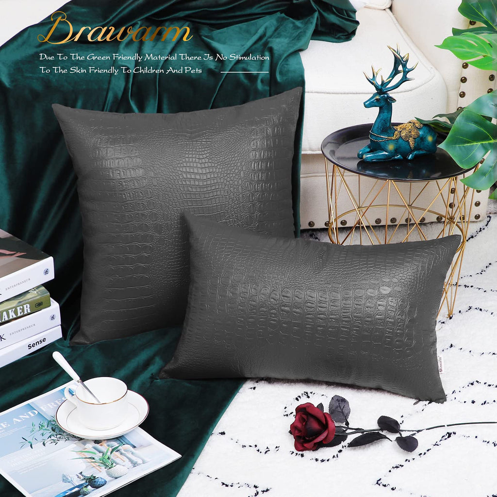 Brawarm Faux Leather Pillow Covers 16 X 16 Inches, Charcoal Gray Leather Pillow Covers Pack Of 2, Crocodile Leather Decorative T