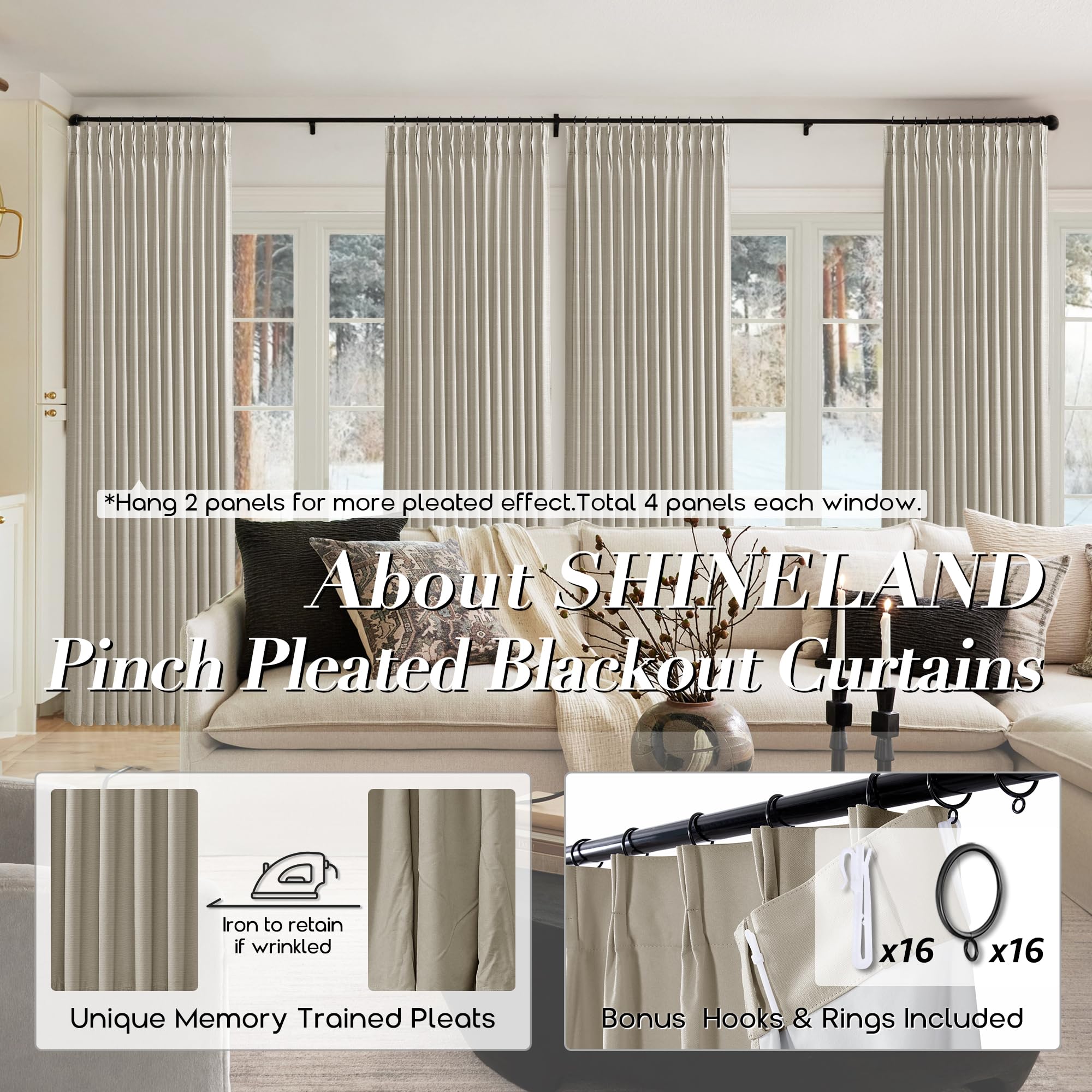 Shineland Pinch Pleated Soundproof Curtains 96 Inches Long 2 Panels Set For Office,Noise Cancelling Reducing Sound Proof Curtains For Window Soundproofing Doorway,Taupe