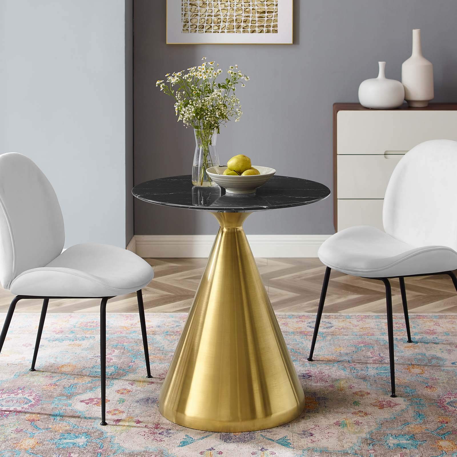 Modway Tupelo Round Artificial Marble 28&quot; Dining Table in Gold Black
