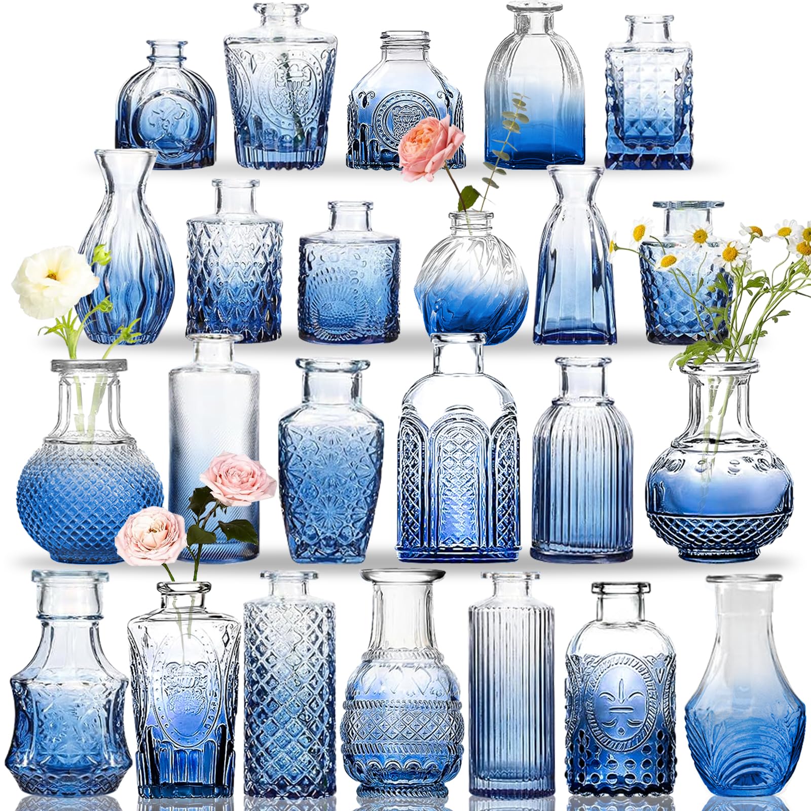 KOIUEYW Bud Vases Set of 24, Gradient Blue Vintage Small Vases for Flowers, Clear Crystal Mini Vases Bud Vases in Bulk, Small Fl