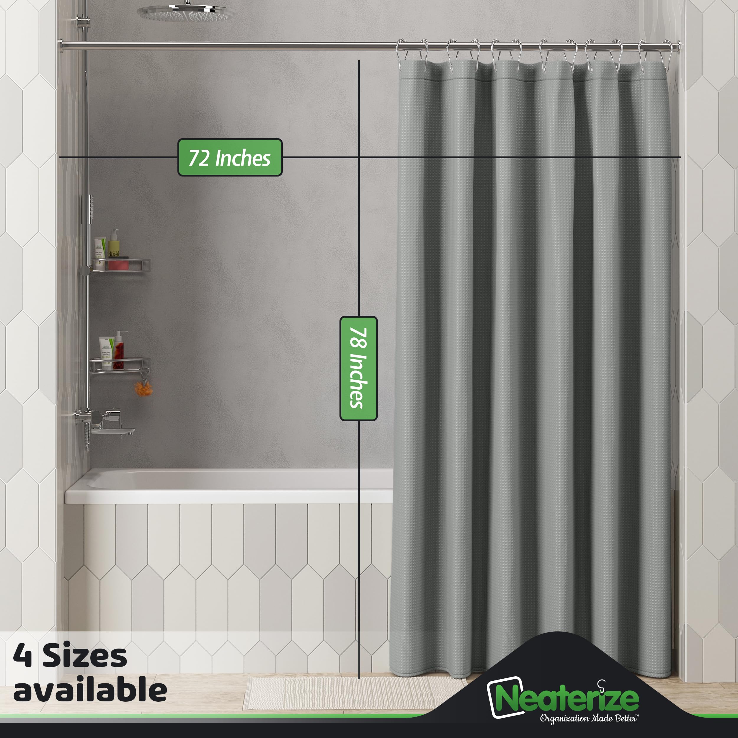 Neaterize Shower Curtain Grey - Hotel Style Grey Shower Curtains For Bathroom With Waffle Design, 72X78 Inches - Fabric Shower C