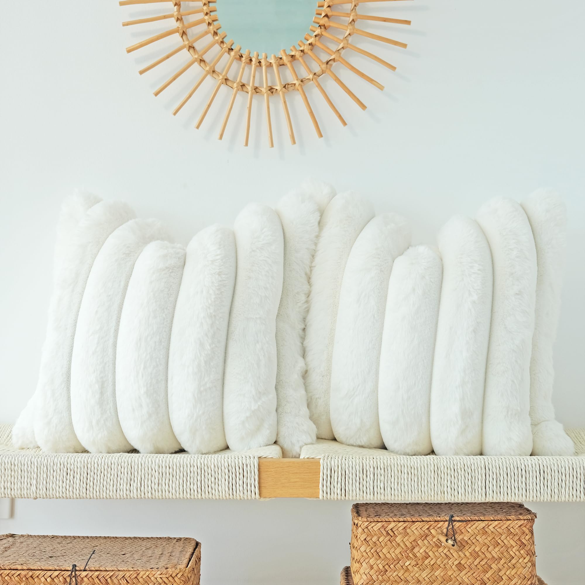 JOJUSIS Pack of 2 Faux Fur Plush Decorative Throw Pillow Covers Couch Cushion Case Soft Fluffy Pillowcases Wide Stripe (White, 1
