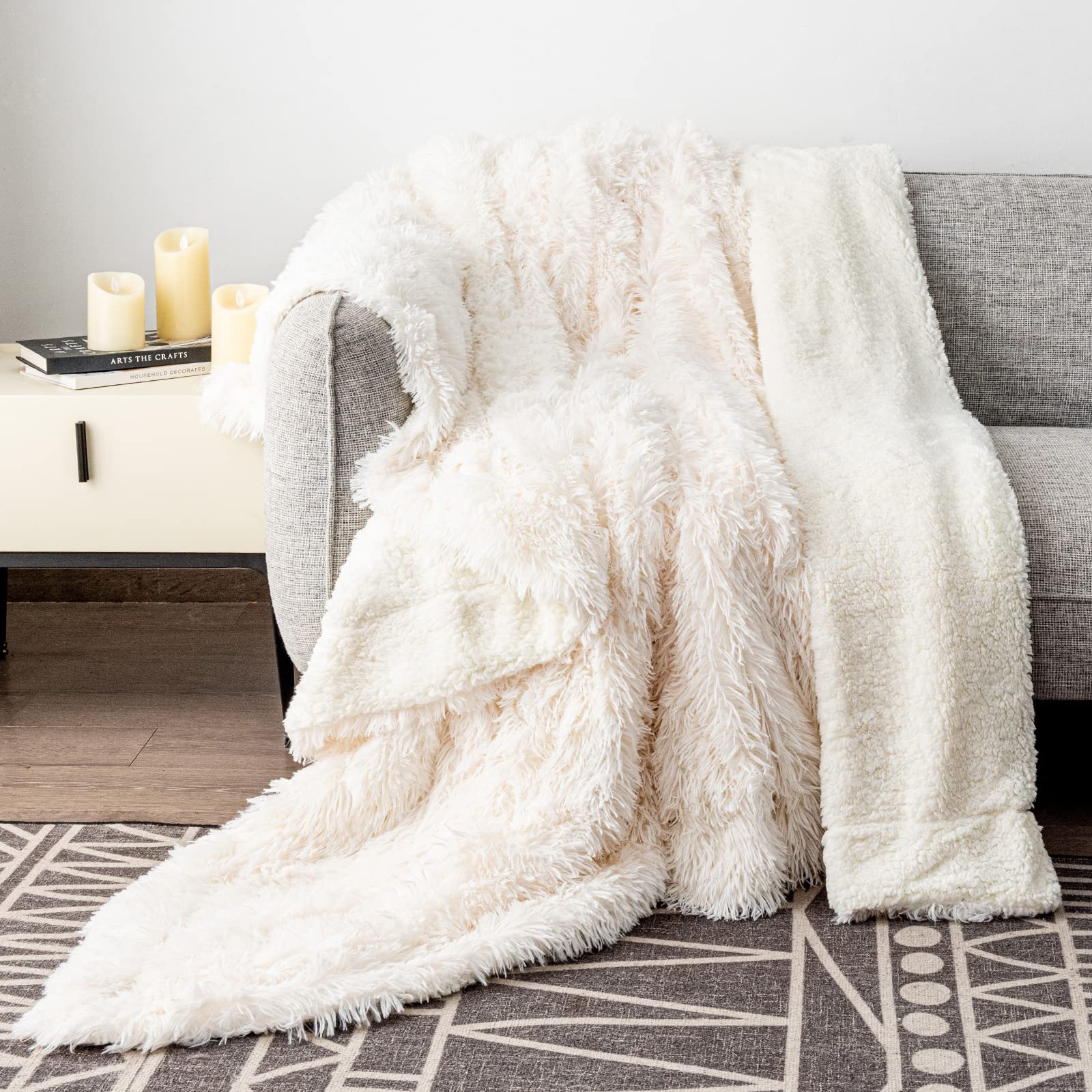 Pawque Faux Fur Throw Blankets, Comfy Chic Plush Fuzzy Blanket, Lightweight Long Hair Shaggy Blanket, Reversible Fluffy Cozy Fuz