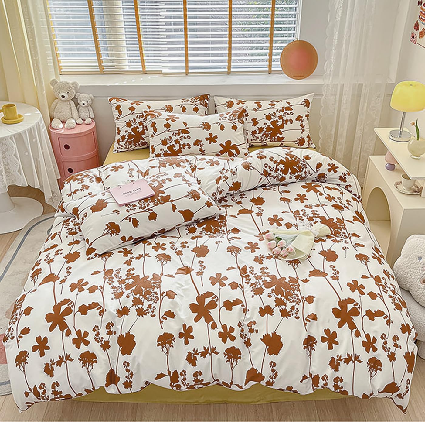 Karever Botanical Comforter Set Cal King White Pumpkin Floral Plant Bedding Comforter Girls Garden Pattern Printed White Blanket