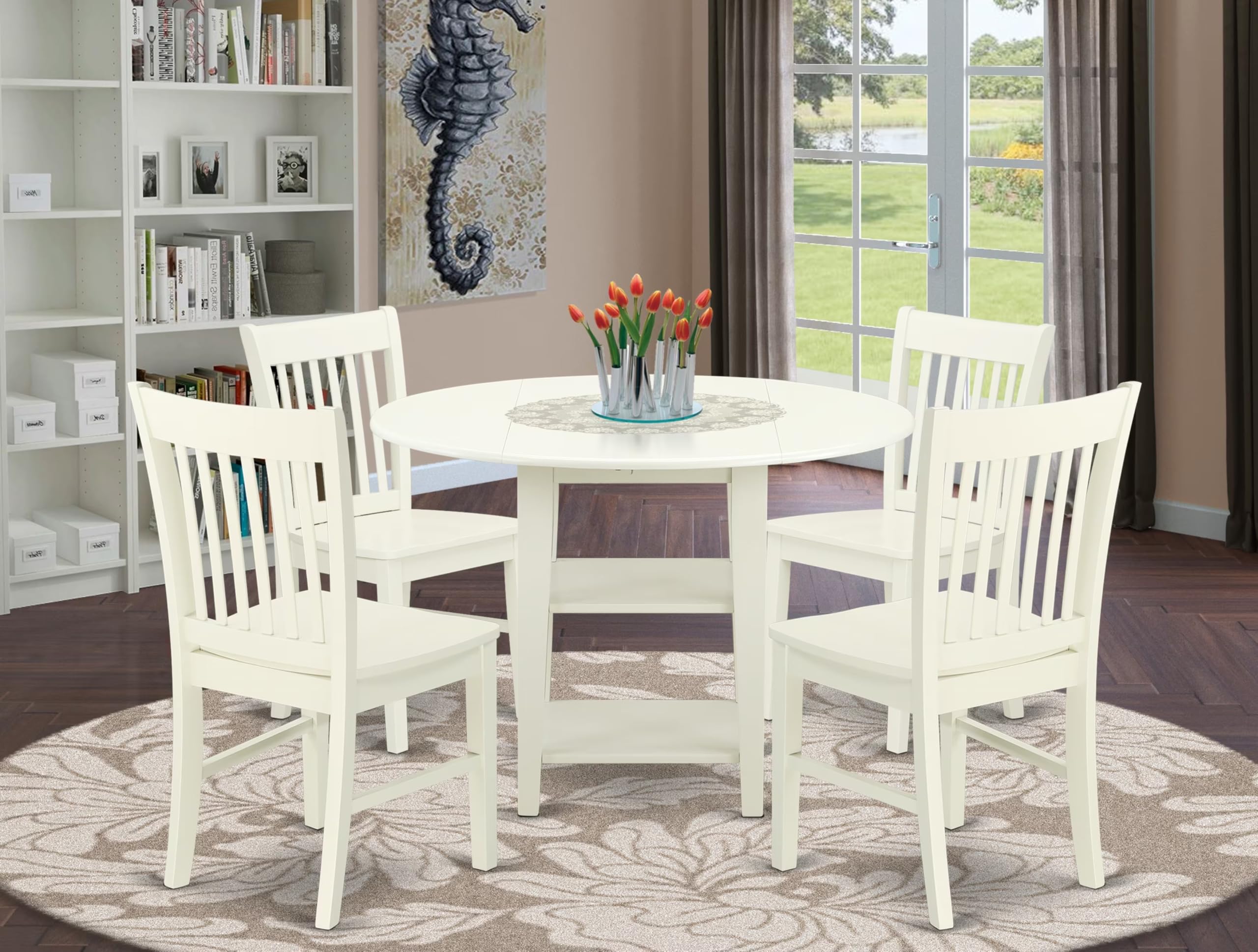 East West Furniture Suno5-Lwh-W 5 Piece Dining Room Table Set Includes A Round Dining Table With Dropleaf & Shelves And 4 Wood Seat Chairs, 42X42 Inch, Linen White