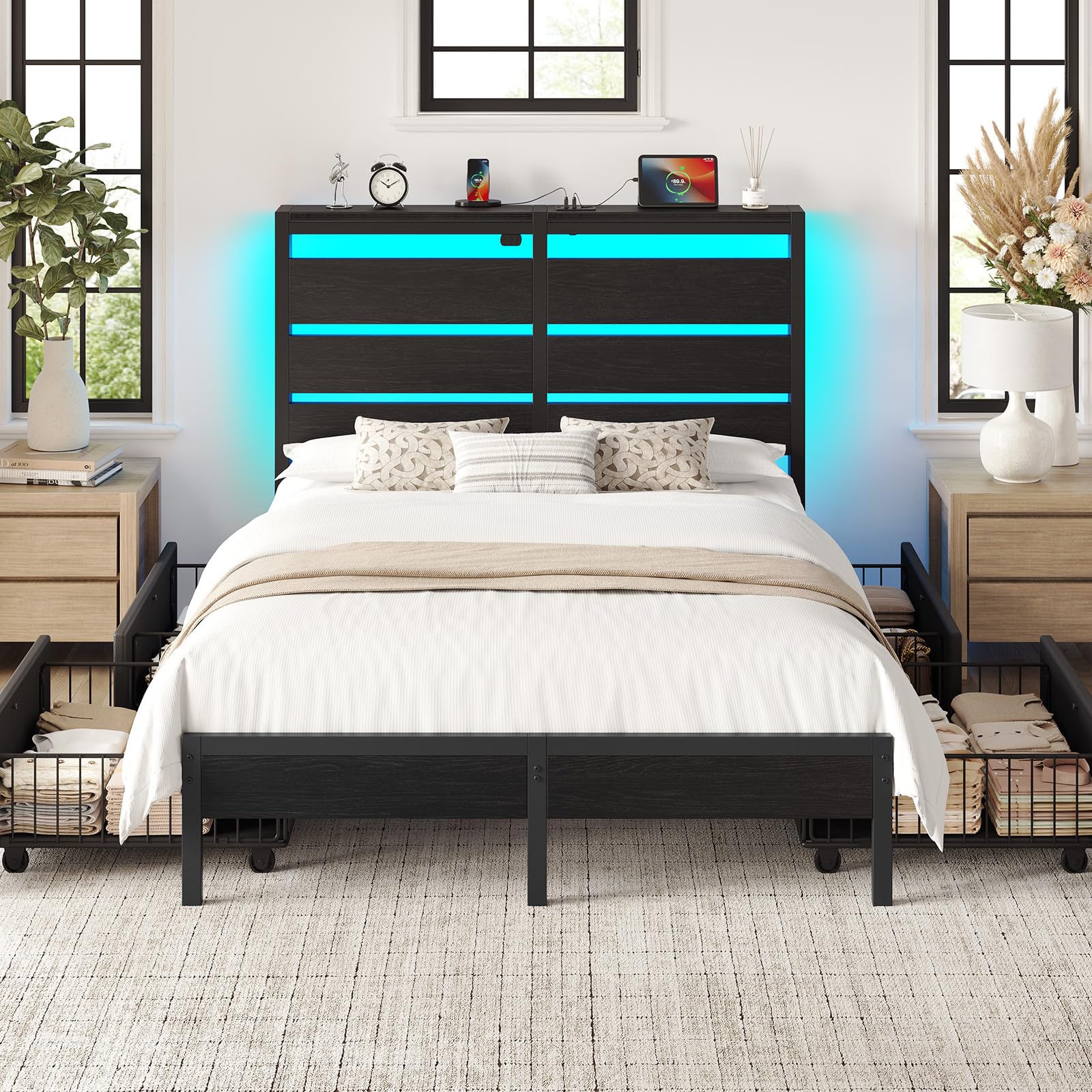 Rolanstar Full Size Bed Frame with 4 Drawers, LED Lights and Charging Station, Metal Platform Bed with Storage Headboard, Noise 