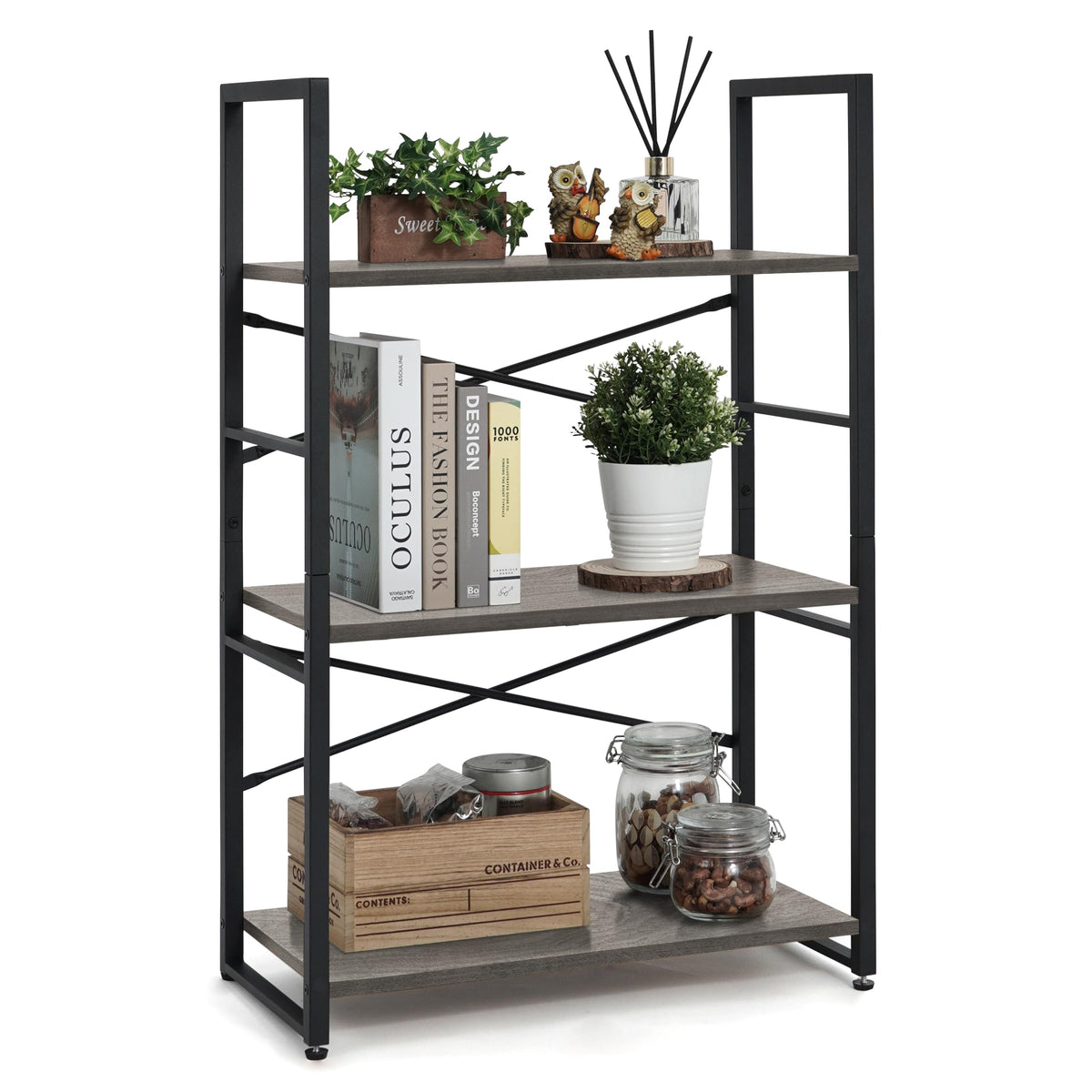 Caphaus 3 Tier Small Bookshelf, 24 Inch Width Free Standing Shelf, Bookcase Shelf Storage Organizer, Industrial Book Shelves For Home Office, Living Room, Dark Grey Shelves & Metal Frame