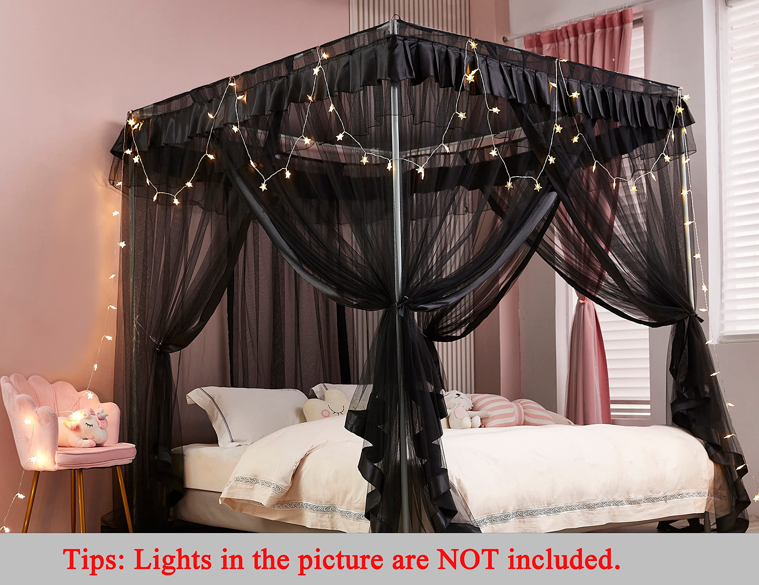 Mengersi 4 Corner Post Bed Canopy Bed Curtains Mosquito Net Bedroom Decoration Accessories (Twin, Black)