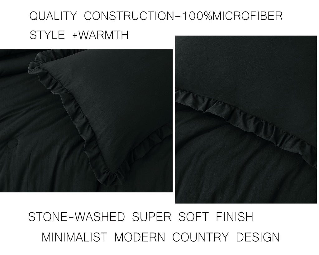 Chezmoi Collection Nora Black Comforter Set Oversized Queen Size 3-Piece Fluffy Soft Lightweight Bedding Ruffled Edge Trim Stone