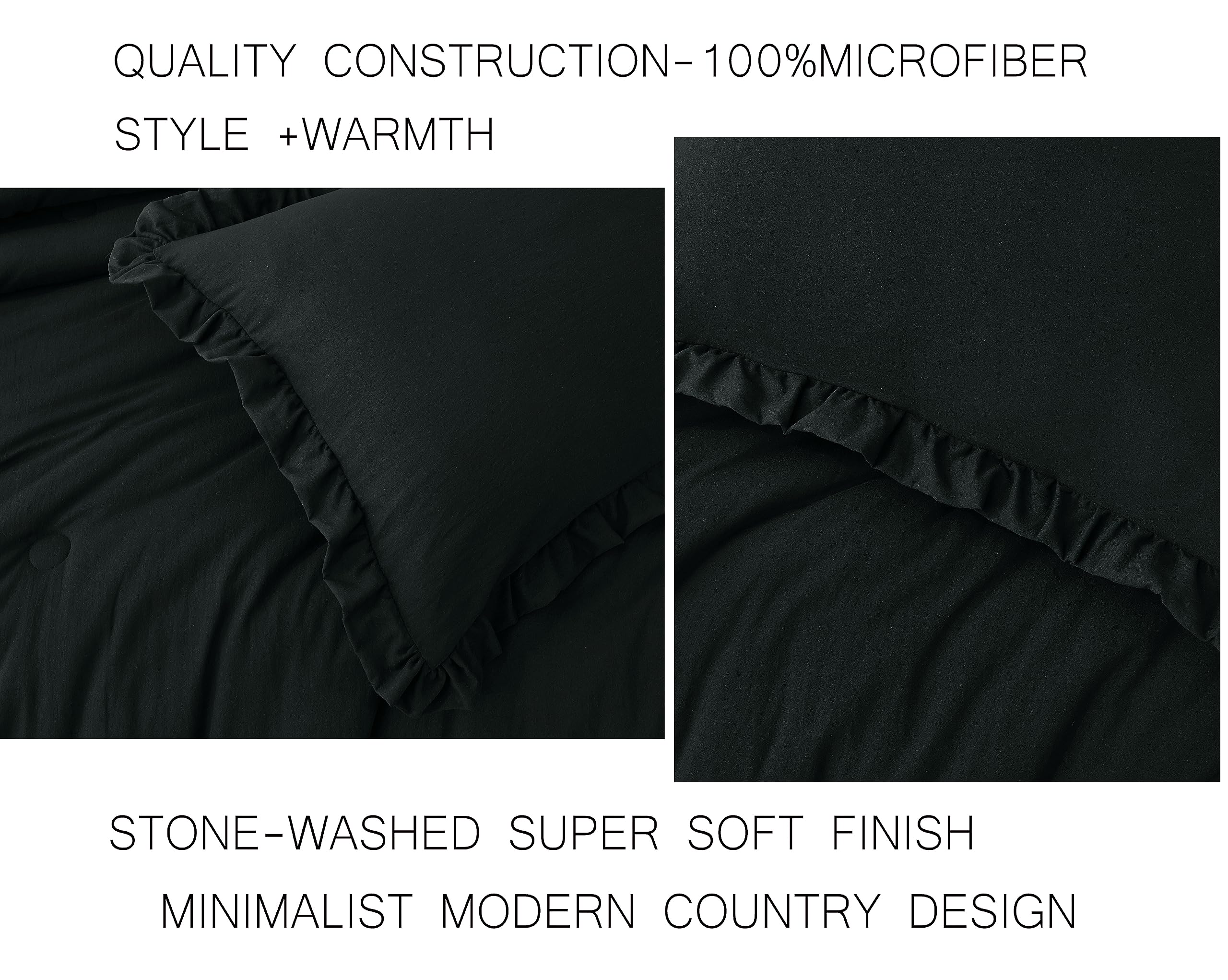 Chezmoi Collection Nora Black Comforter Set Oversized Queen Size 3-Piece Fluffy Soft Lightweight Bedding Ruffled Edge Trim Stone