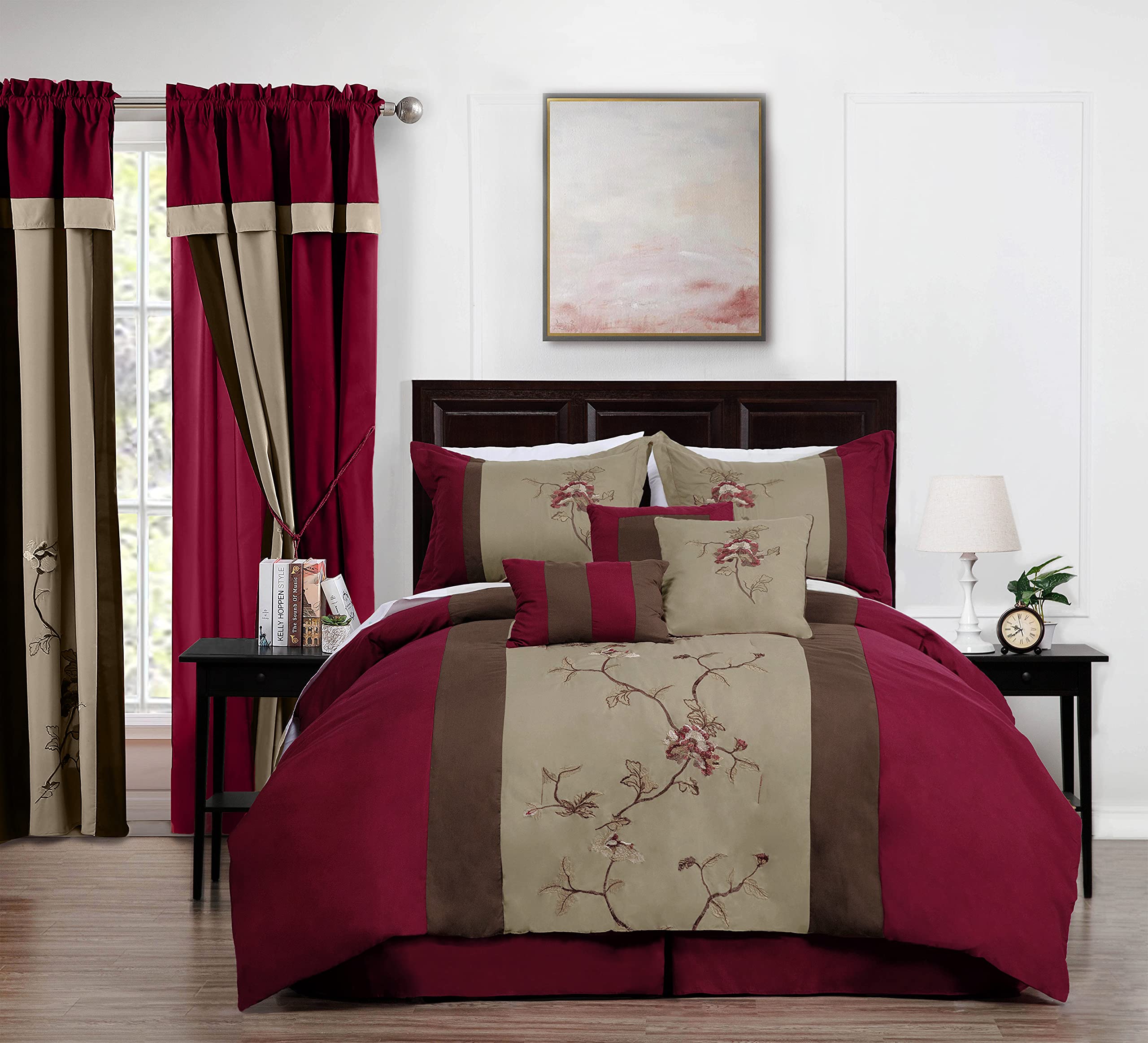 Chezmoi Collection Vienna 7-Piece Embroidered Floral Comforter Set (Queen, Burgundy Taupe Brown)