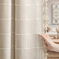 XOGUIBO Boho Blackout White Plaid Curtains 84 Inch Beige Linen Blend Drapes with Tassels 2 Panels, Cotton Embroidered Farmhouse 