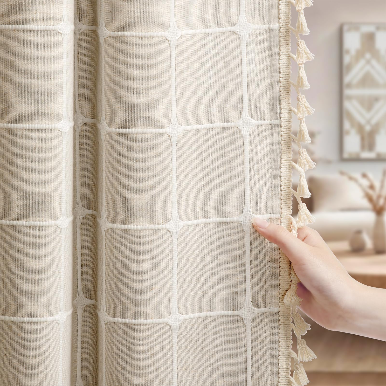 XOGUIBO Boho Blackout White Plaid Curtains 84 Inch Beige Linen Blend Drapes with Tassels 2 Panels, Cotton Embroidered Farmhouse 