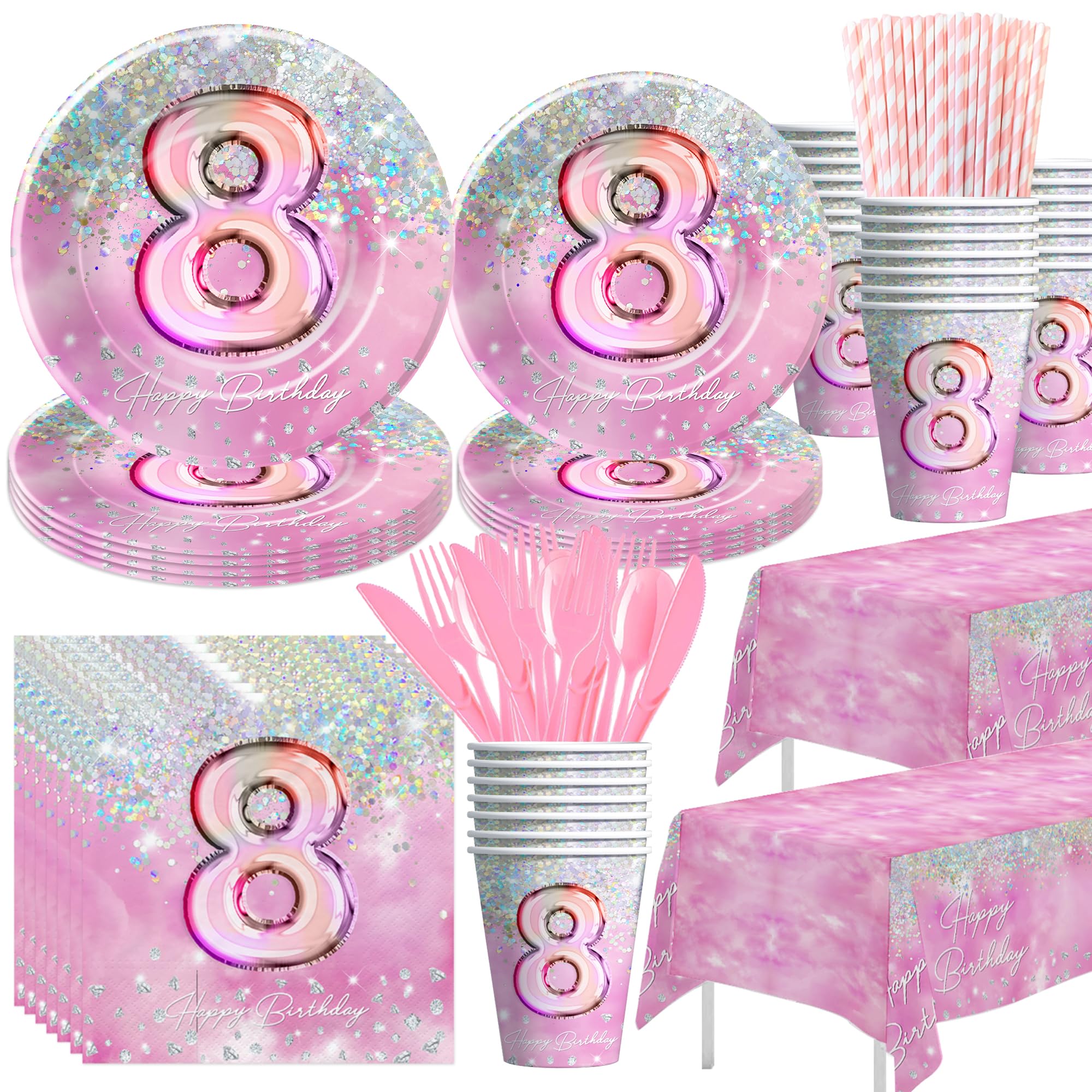 HIPVVILD Pink 8th Birthday Decorations Tableware, Girl Eighth Birthday Party Supplies, Plate, Cup, Napkin, Tablecloth, Cutlery, 