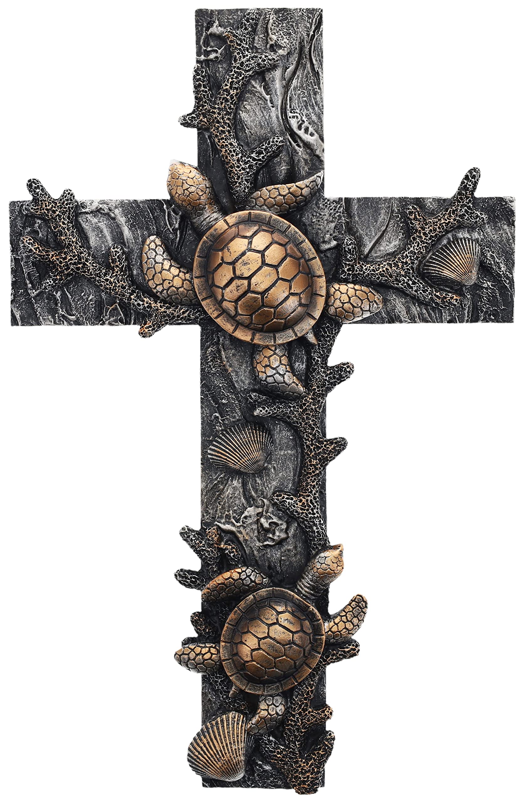 Top Brass Large Sea Turtle Seashell Coral Wall Cross - Nautical Ocean Beach Decor Art Sculpture