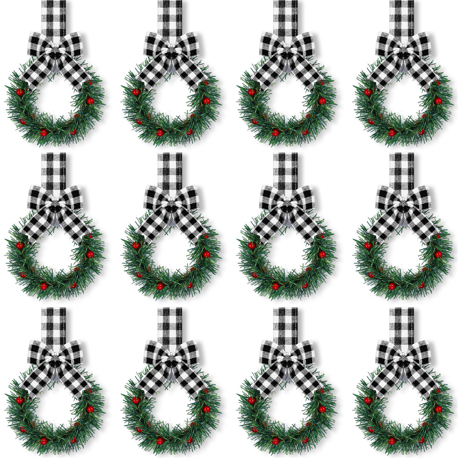 Retrowavy 12 Pcs Christmas Kitchen Cabinet Wreaths with Ribbon 3.94 Inch Mini Christmas Wreath Small Kitchen Wreath Greenery Wre