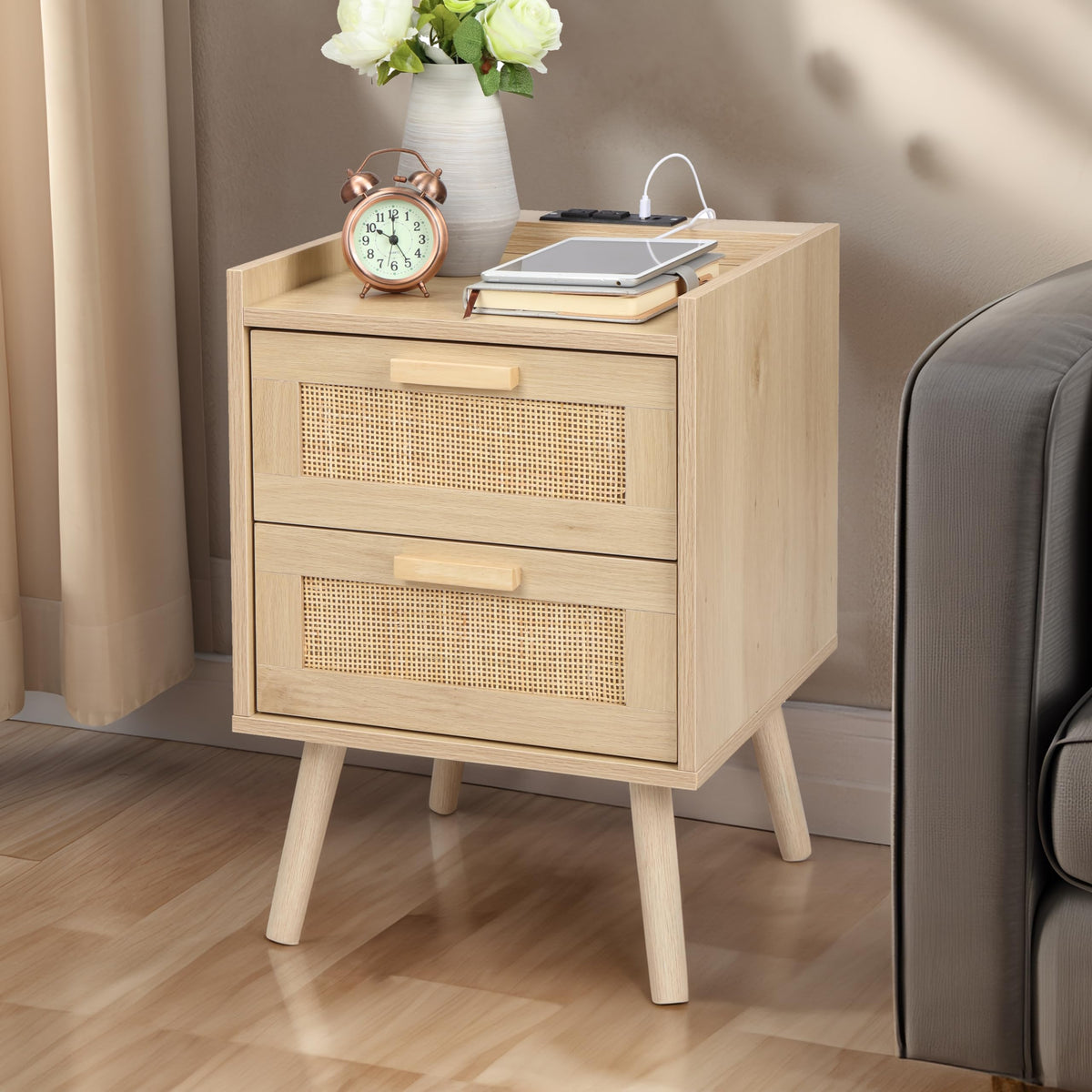 Finnhomy Nightstand with Charging Station, Bedside Table with 2 Hand Made Rattan Decorated Drawers, Night Stand with Storage for