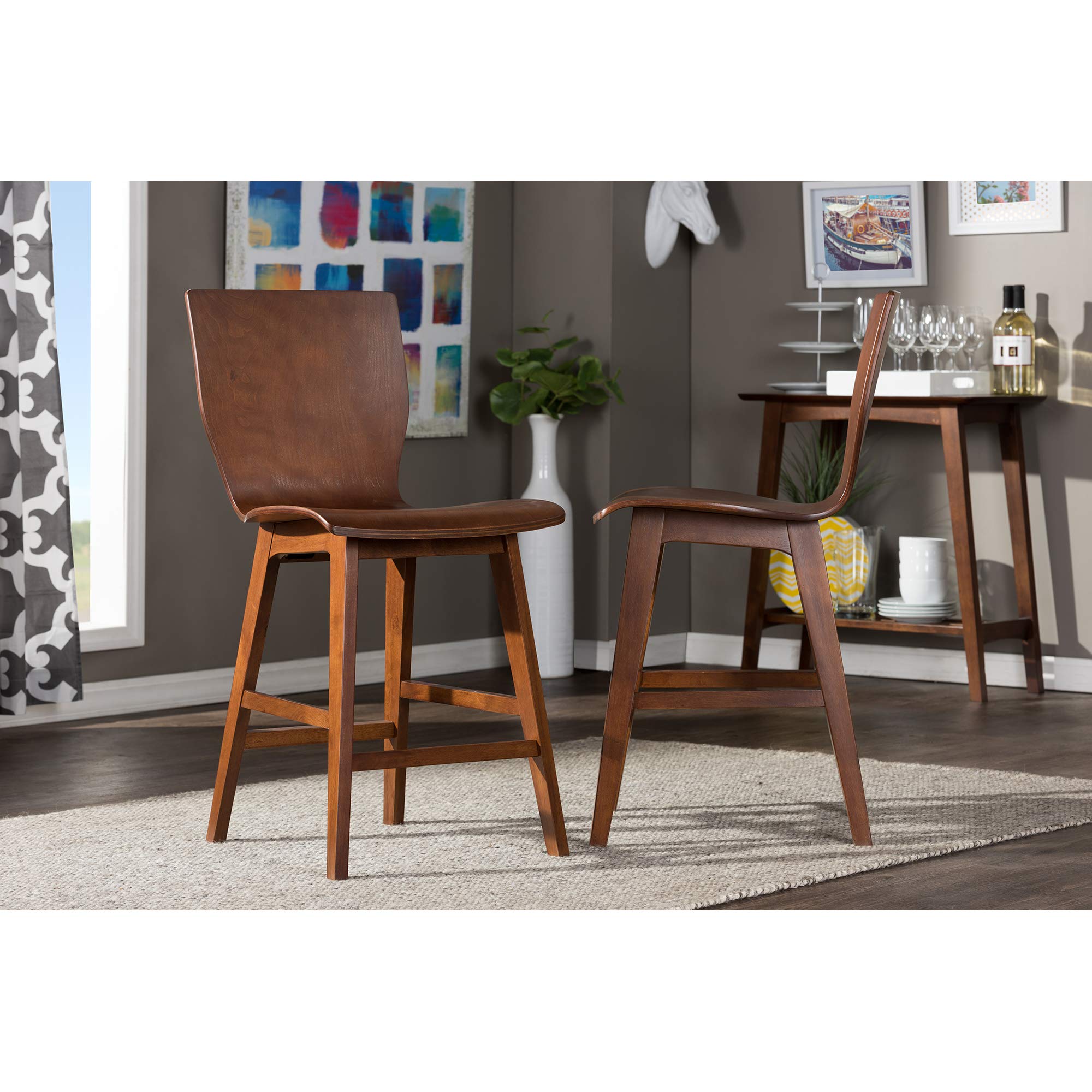 Baxton Studio Elsa Mid-century Counter Stool Scandinavian Style Dark Walnut Bent Wood Counter Stool