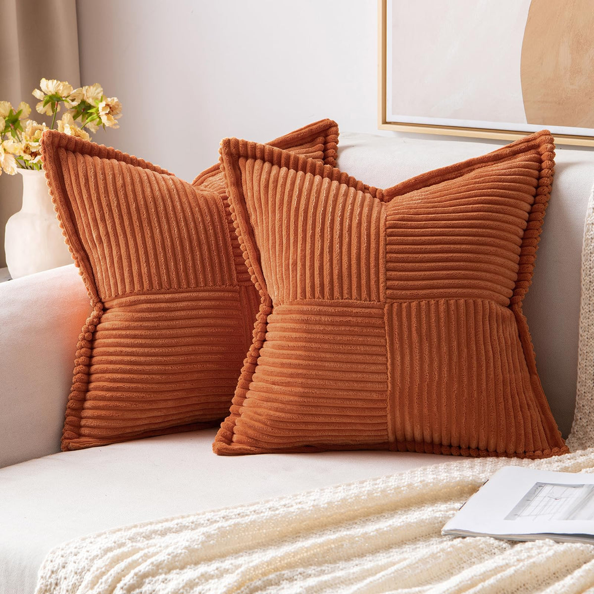 Miulee Rust Pillow Covers 18X18 Inch With Splicing Set Of 2 Super Soft Boho Striped Corduroy Pillow Covers Broadside Decorative