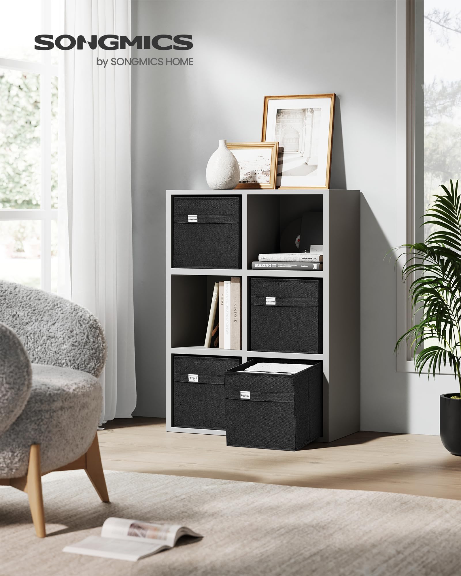 Songmics Storage Cubes, Set Of 4 Cube Storage Bins, 11.8 X 11.8 X 11.8 Inches, 2 Handles, Oxford Fabric And Linen-Look Fabric, E