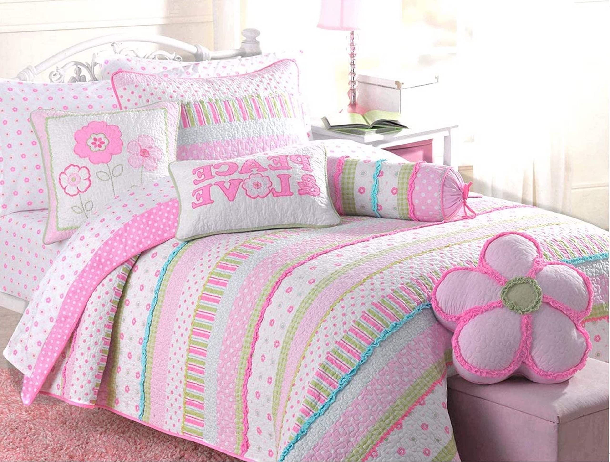 Cozy Line Home Fashions Pink Ruffle Flowers Polka Dot Girl 100% Cotton Reversible Quilt Bedding Set, Coverlet, Bedspread For All
