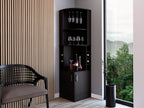 Egina Corner Bar Cabinet with Two Shelves at The Top, Glass Holder, 8 Exterior Bottle Racks, Central Shelf, Lower Drawer with 2 Side Doors, 71" H, Black, Living Room