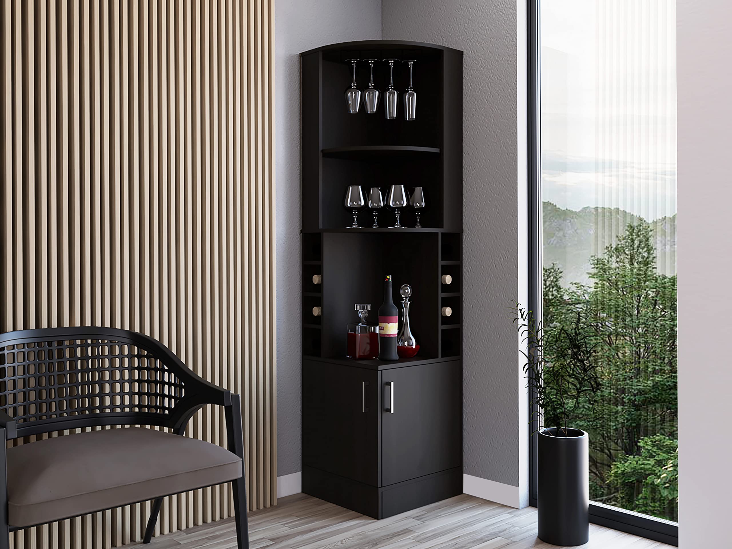 Egina Corner Bar Cabinet with Two Shelves at The Top, Glass Holder, 8 Exterior Bottle Racks, Central Shelf, Lower Drawer with 2 Side Doors, 71" H, Black, Living Room