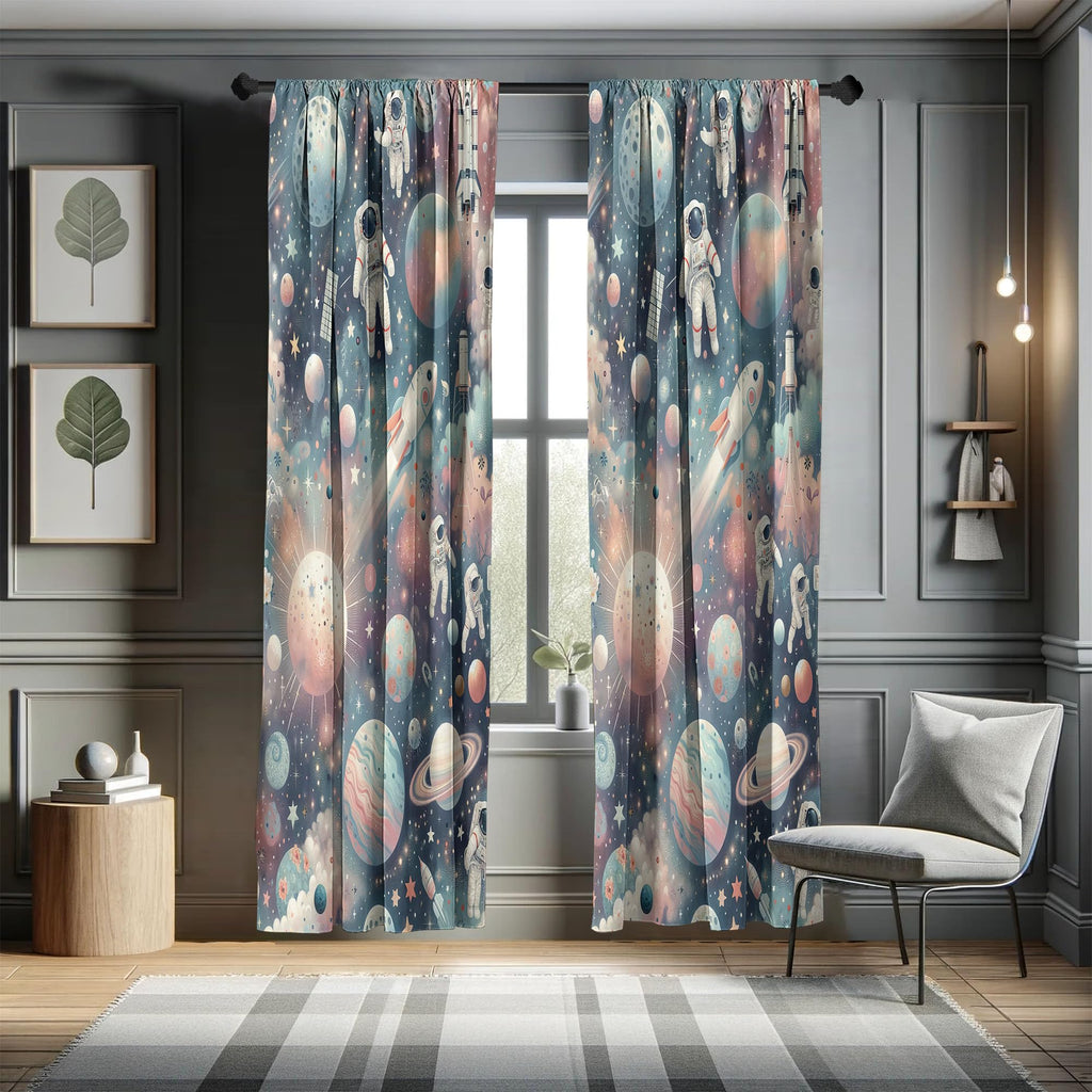 Ambesonne Outer Space Window Curtains Pack Of 2, Dreamy Cartoon Galaxy With Starry Clouds Planets Astronauts Rockets, Lightweigh