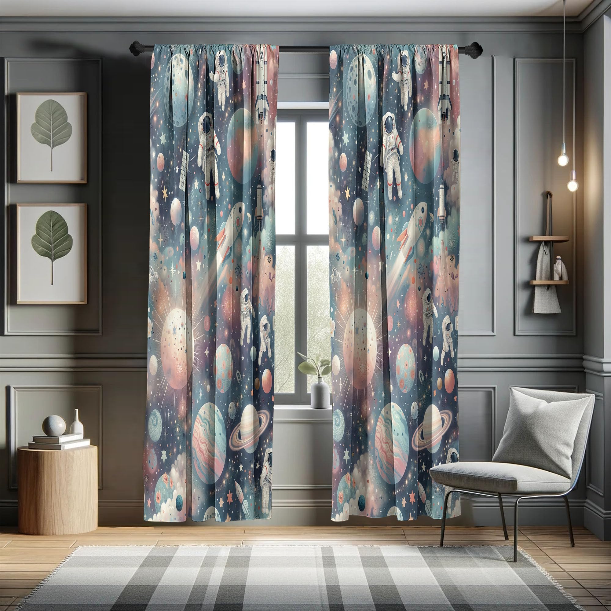 Ambesonne Outer Space Window Curtains Pack Of 2, Dreamy Cartoon Galaxy With Starry Clouds Planets Astronauts Rockets, Lightweigh