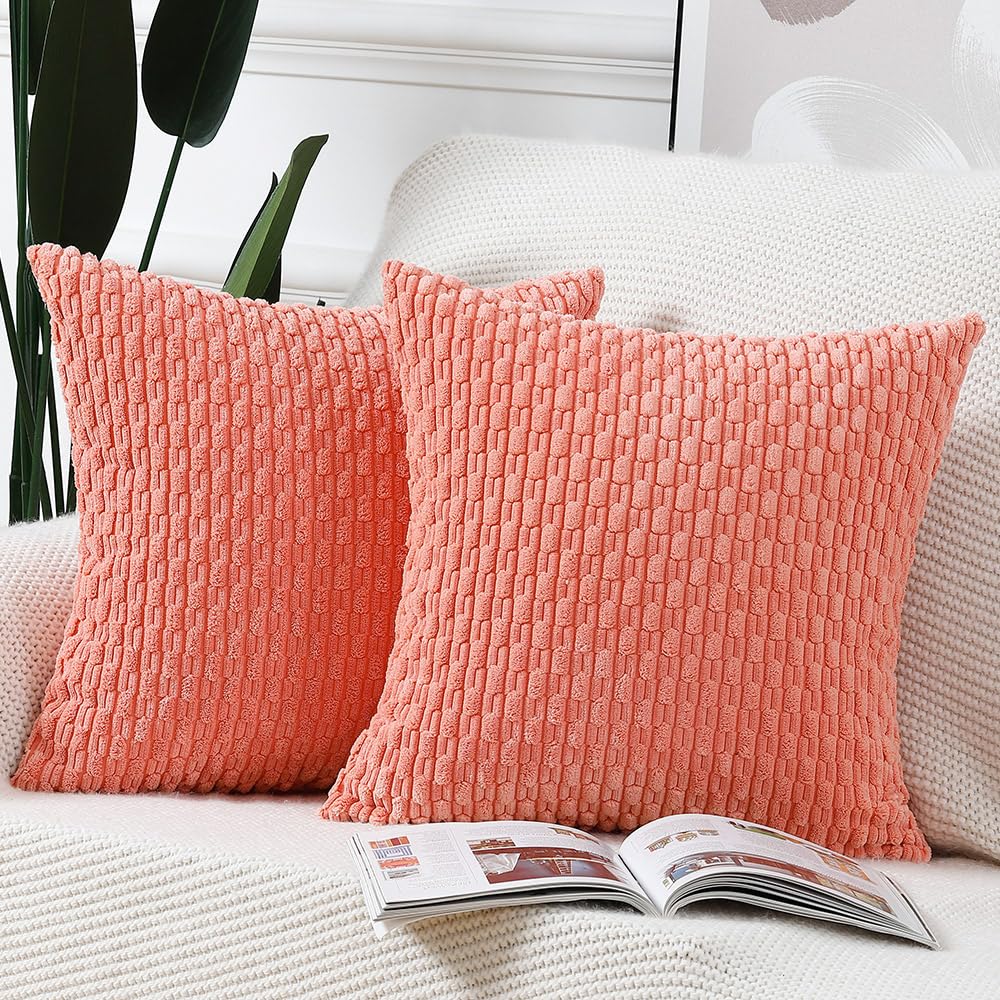 Madizz Pack Of 2 Boho Corduroy Striped Throw Pillow Covers 22X22 Inch Coral Soft Decorative Cushion Cover For Bedroom Sofa Pillo