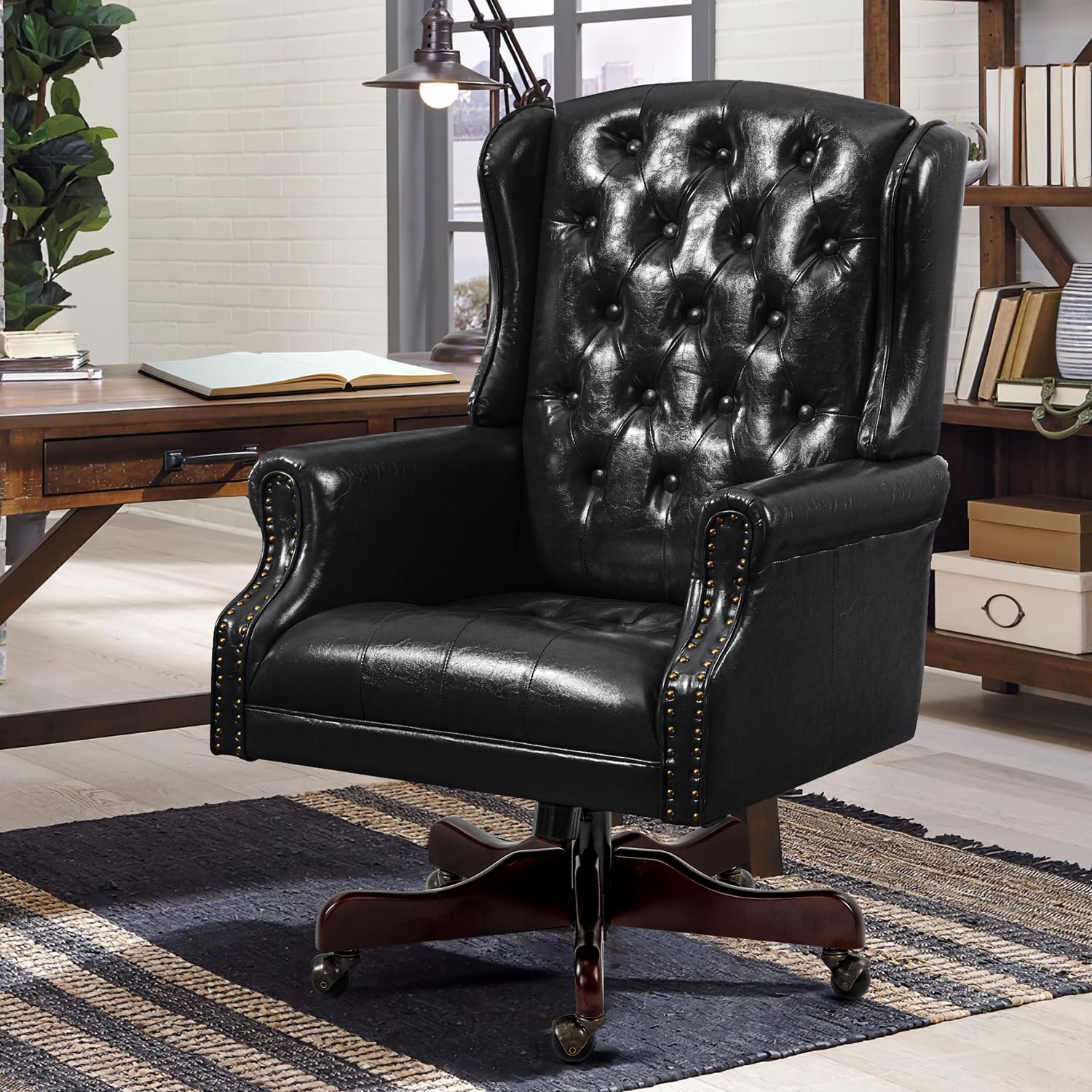 Ecotouge Tufted Office Chair, Faux Leather Executive Desk Chair W/High Back & Nail Head Trim, Ergonomic Wingback Pc Chair For Ho