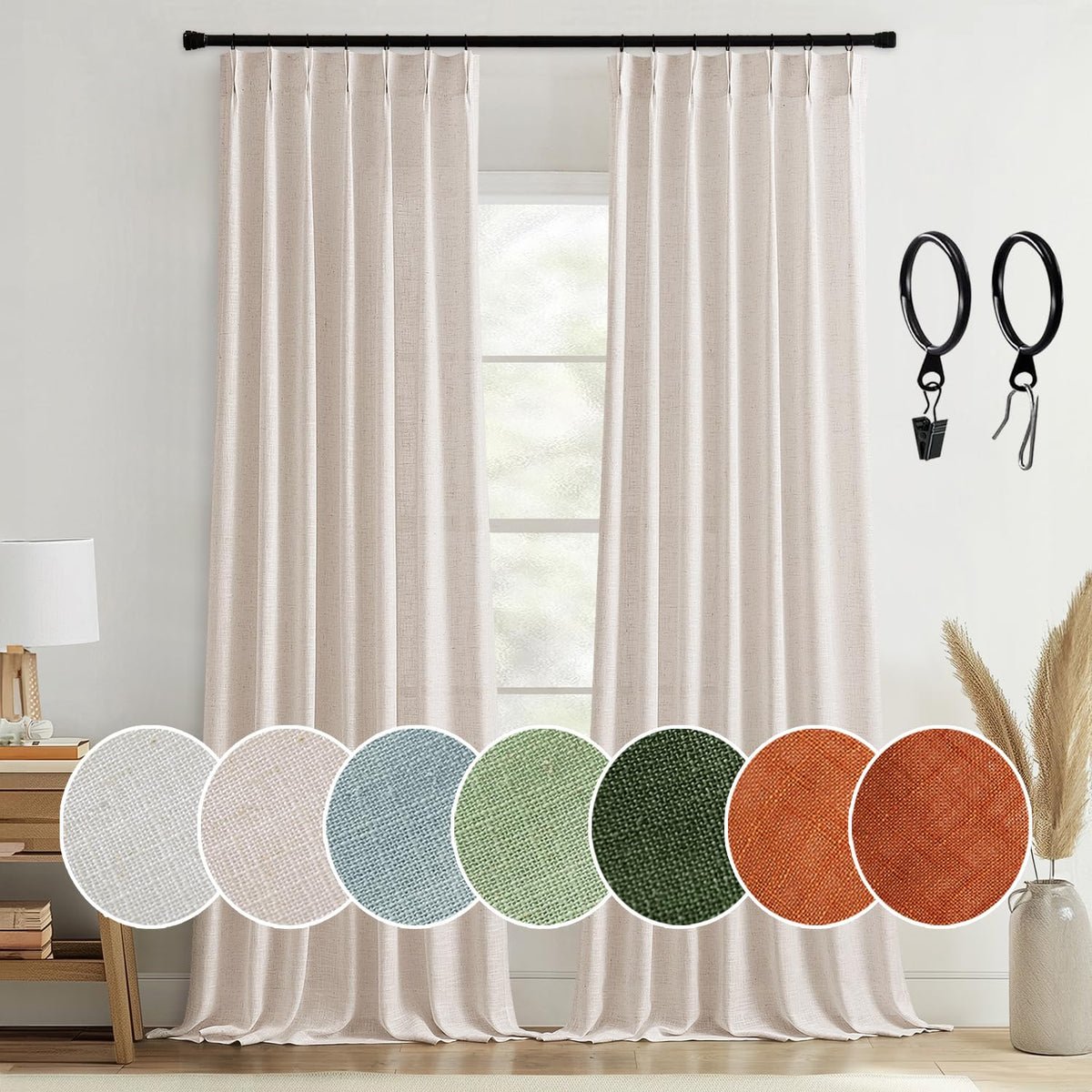 Miulee Pinch Pleated Natural Linen Curtains 94 Inches Long 2 Panels For Bedroom Living Room, Soft Thick Linen Textured Window Dr