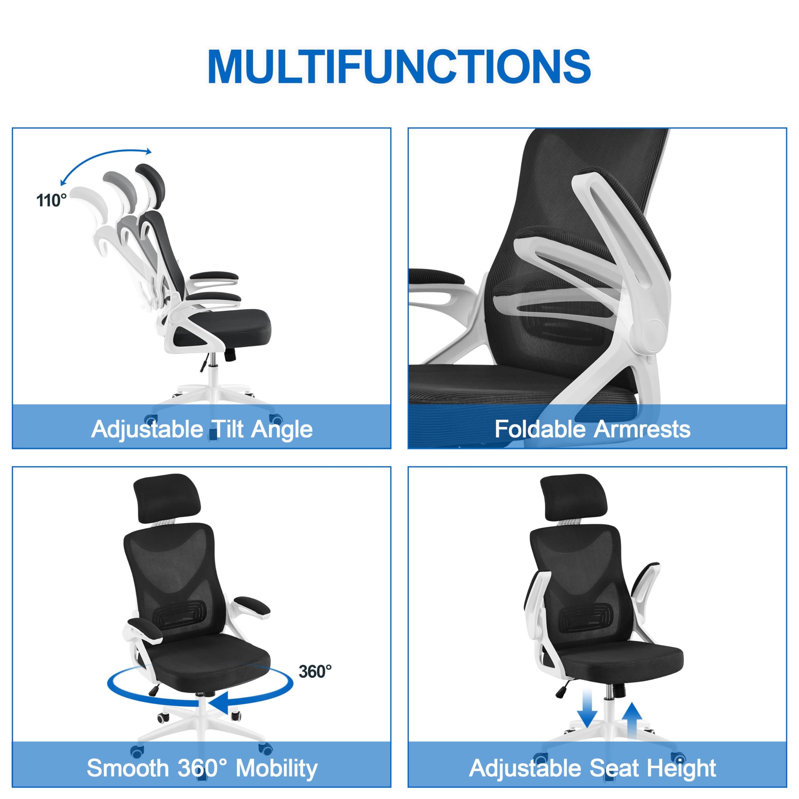 Yaheetech Ergonomic Mesh Office Chair, High Back Desk Chair With With Flip-Up Armrests, Adjustable Padded Headrest Computer Chair With Lumbar Support For Home Oiffce Game Room, White/Black