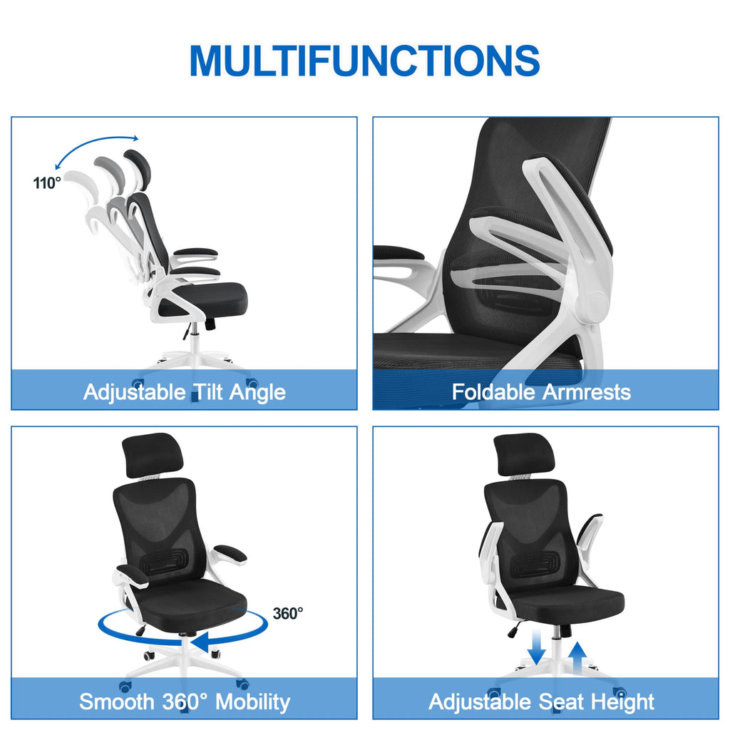 Yaheetech Ergonomic Mesh Office Chair, High Back Desk Chair With With Flip-Up Armrests, Adjustable Padded Headrest Computer Chair With Lumbar Support For Home Oiffce Game Room, White/Black