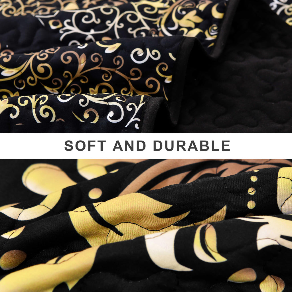 Djy Black Quilt Set California King Size, Boho Gold Damask Bedspread Coverlet Set Soft Lightweight Microfiber Luxury Bedding Set