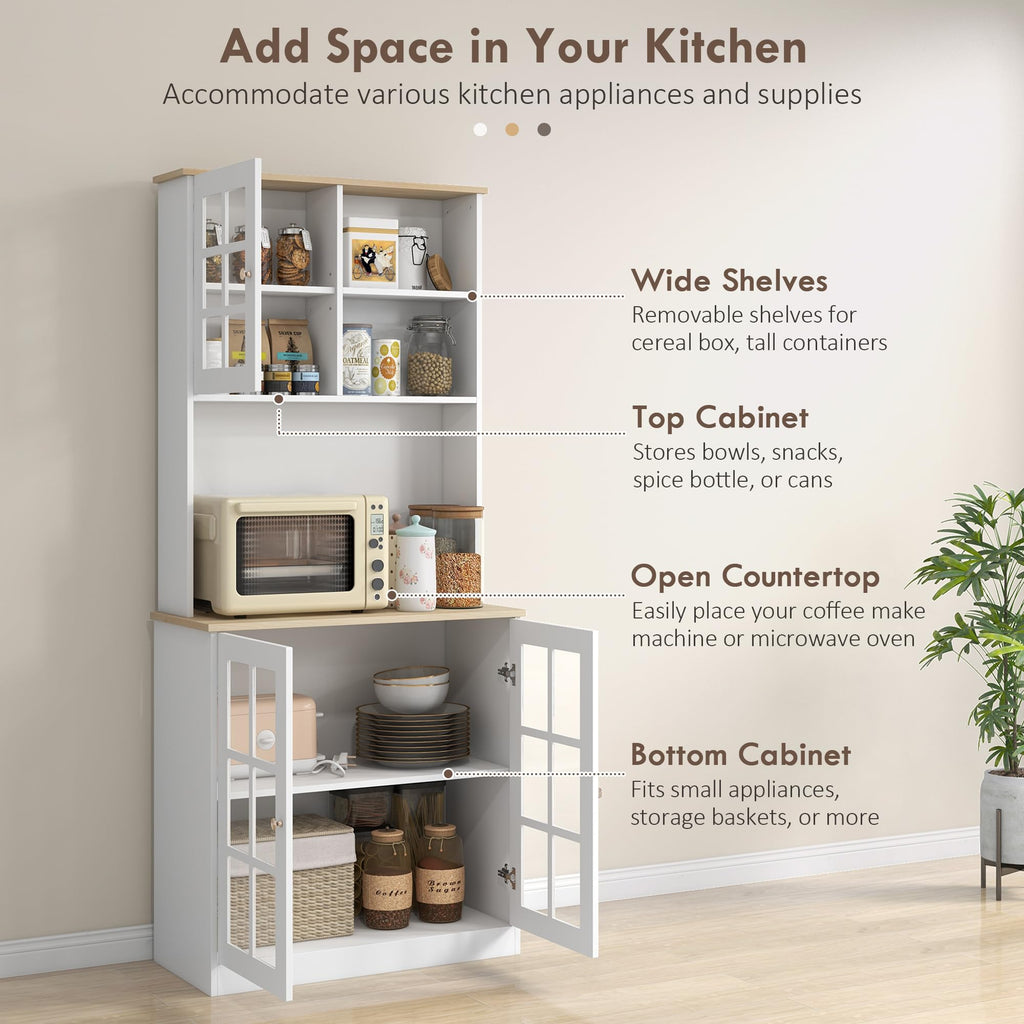 Homcom Kitchen Pantry Cabinet, 72' Freestanding Storage Cabinet With Hutch, Large Countertop, Glass Doors And Adjustable Shelves, Microwave Cabinet, Coffee Bar Cabinet For Dining Room, White