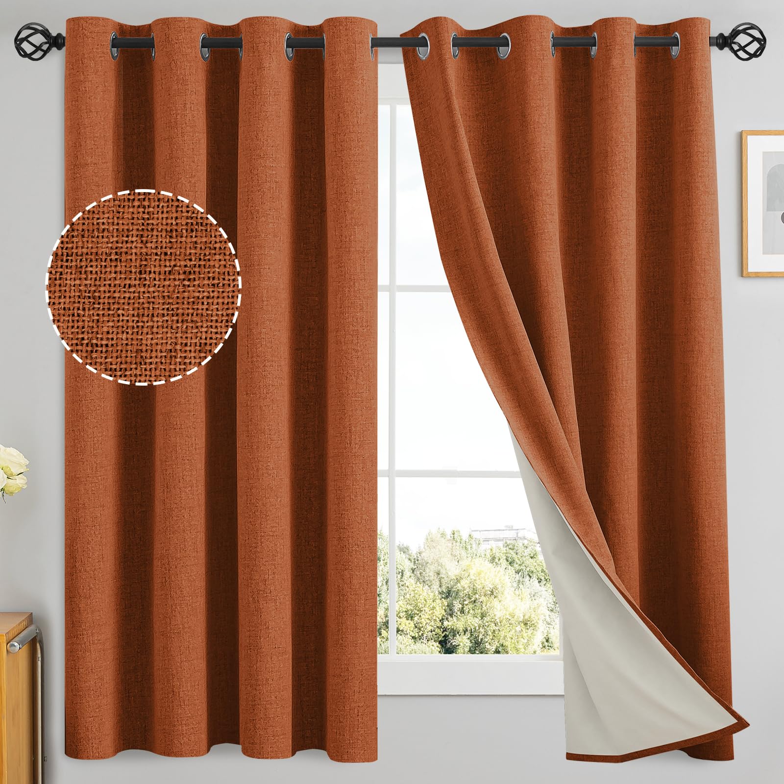 Yakamok Burnt Orange Linen Curtains 100% Blackout 63 Inches Long,Room Darkening Textured Curtains for Living Room Thermal Gromme